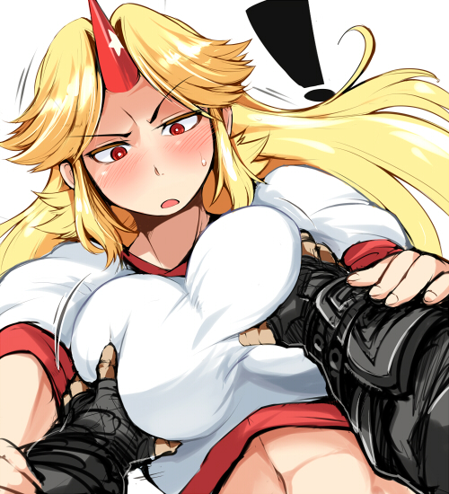 ario, hoshiguma yuugi, odst, halo (game), halo (series), touhou, !, 1girl, abs, blonde hair, blouse, blush, breasts, female focus, fingerless gloves, full-face blush, gloves, grabbing another's breast, groping, horns, huge breasts, large breasts, long hair, midriff, navel, pov, red eyes, shirt, simple background, single horn, surprised, white background, white shirt