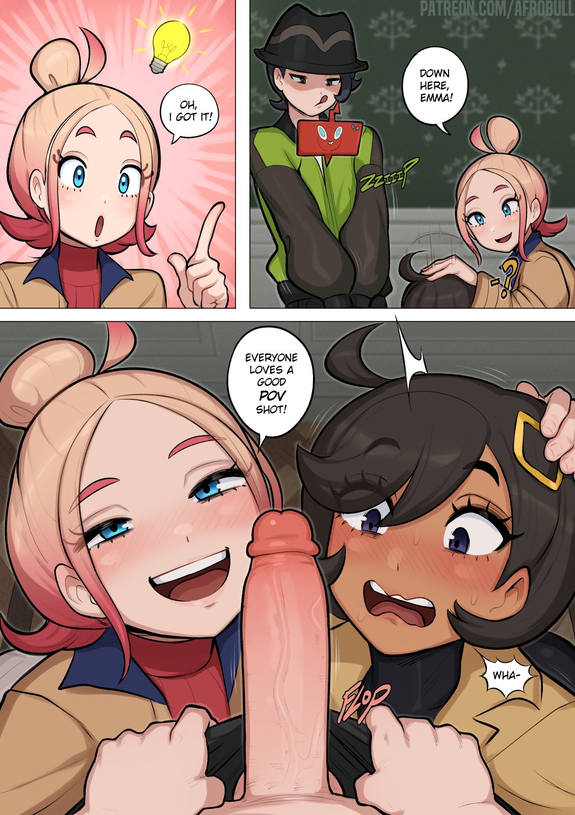 afrobull, emma (pokemon), paxton (pokemon), taunie (pokemon), nintendo, pokemon, pokemon legends: z-a, commentary, english commentary, highres, 1boy, 2girls, black hair, blonde hair, blue eyes, blush, english text, green jacket, hat, jacket, long sleeves, multiple girls, open clothes, open mouth, penis, pov, pov crotch, shirt, short hair, speech bubble, teeth, upper teeth only