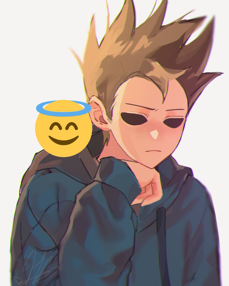 tom (eddsworld), eddsworld, bad id, bad twitter id, commentary request, highres, korean commentary, 1boy, animification, blue hoodie, brown hair, drawstring, emoji, ggiriewqhkz12, hand up, hollow eyes, hood, hood down, hoodie, long sleeves, male focus, short hair, signature, simple background, solo, spiked hair, upper body, white background