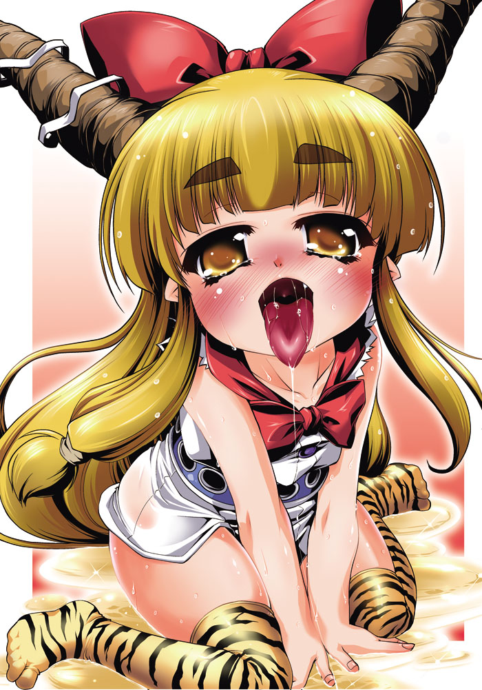 nikusho, ibuki suika, touhou, eyebrows, 1girl, ahegao, animal print, blonde hair, blush, bow, female focus, gradient background, hair bow, horns, loli, open mouth, oral invitation, print thighhighs, saliva, sitting, solo, striped clothes, striped thighhighs, sweat, thighhighs, tiger print, tongue, tongue out, uvula, wariza, yellow eyes
