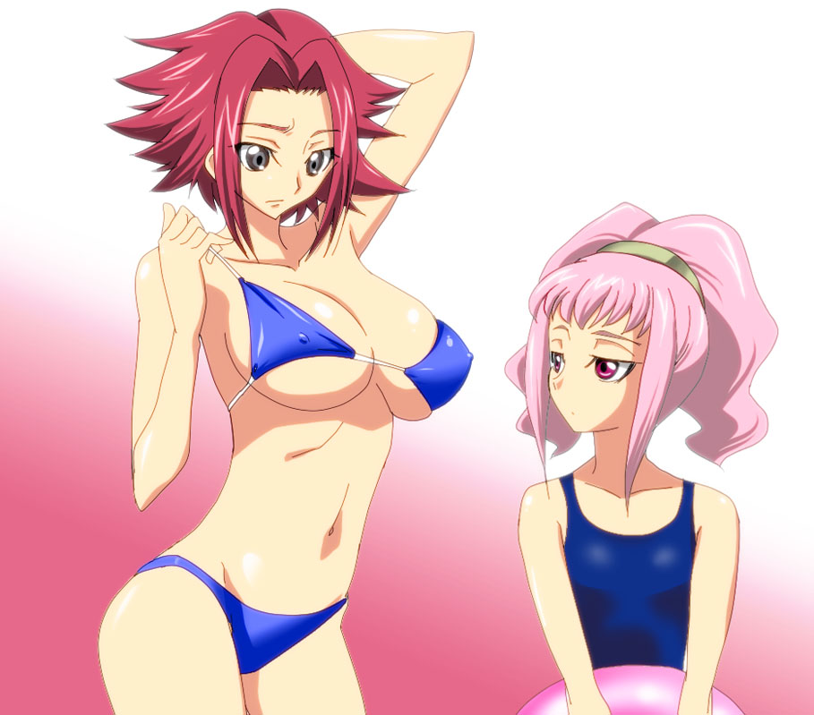 marugoshi teppei, anya alstreim, kouzuki kallen, code geass, bad id, bad pixiv id, md5 mismatch, 2girls, bikini, black eyes, breast envy, breasts, cleavage, covered erect nipples, expressionless, flat chest, innertube, large breasts, long hair, looking at breasts, midriff, multiple girls, one-piece swimsuit, pink hair, red eyes, red hair, short hair, swim ring, swimsuit
