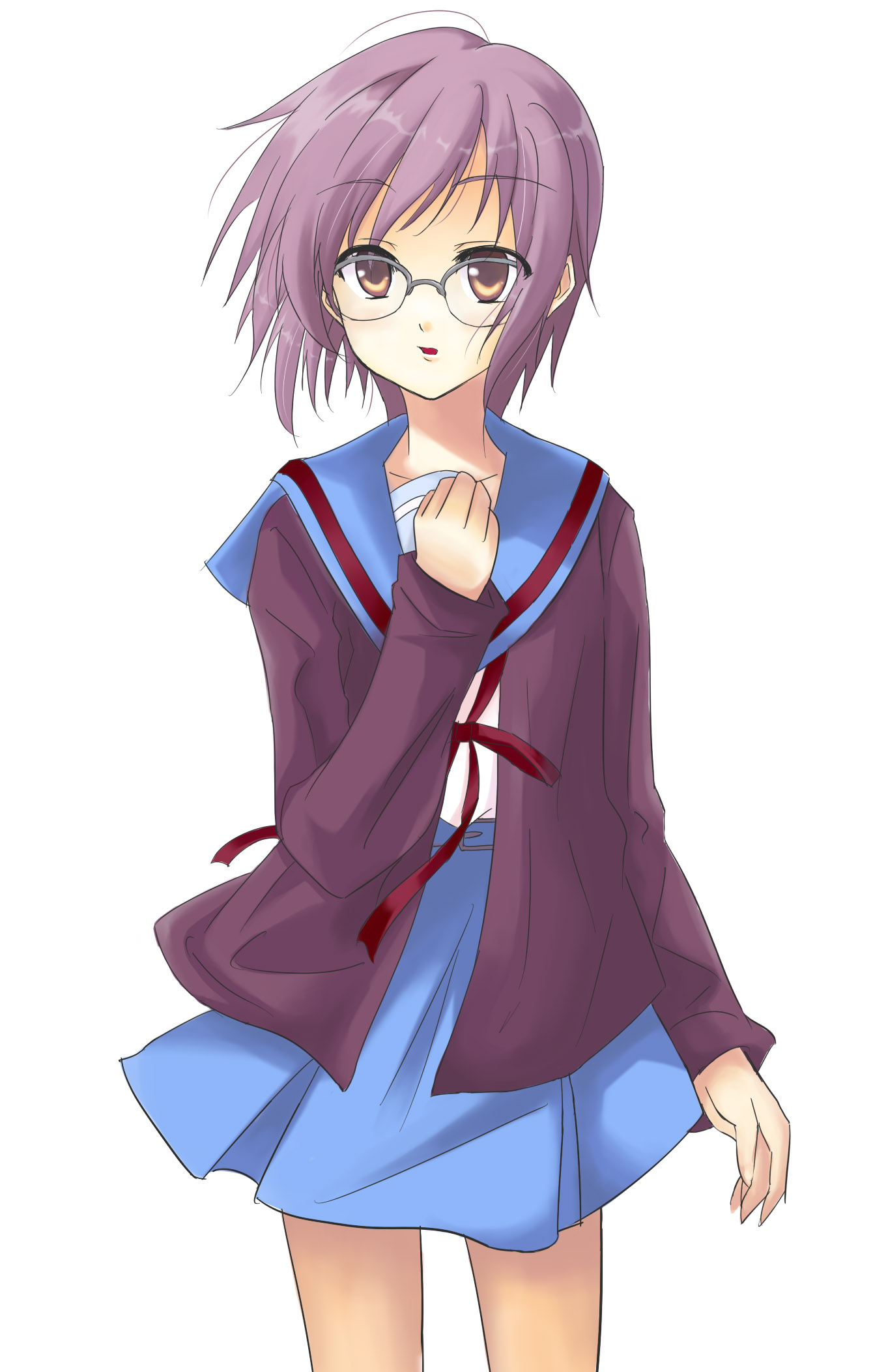 saku (scaw), nagato yuki, suzumiya haruhi no shoushitsu, suzumiya haruhi no yuuutsu, highres, 10s, brown eyes, brown hair, cardigan, glasses, school uniform, serafuku, short hair, solo