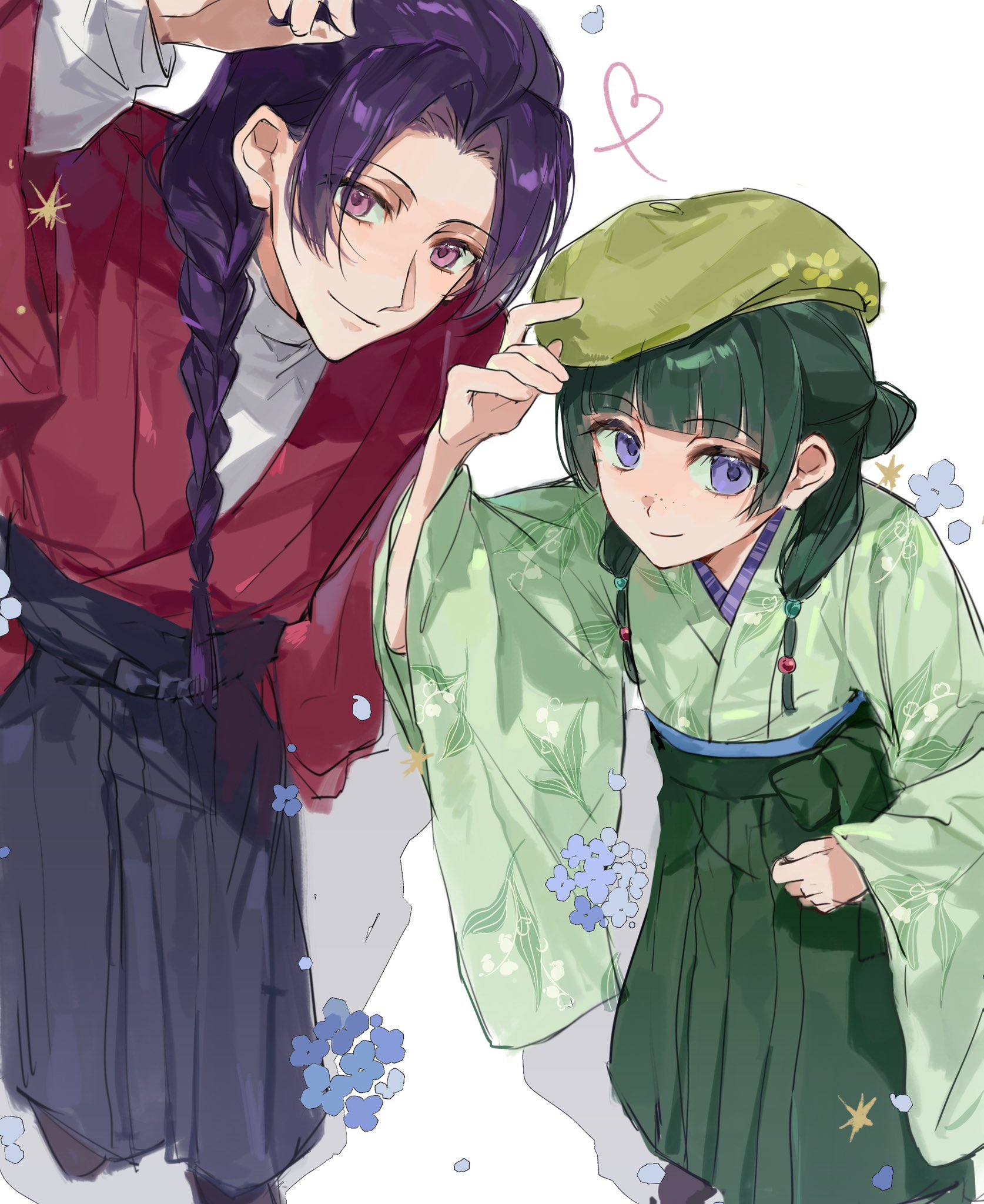 yuikisezu, jinshi (kusuriya no hitorigoto), maomao (kusuriya no hitorigoto), kusuriya no hitorigoto, highres, 1boy, 1girl, beads, blue eyes, blue flower, blunt ends, braid, chinese clothes, closed mouth, flower, freckles, green hair, green hat, green shirt, green skirt, hair beads, hair bun, hair ornament, hair over shoulder, hat, long hair, looking at viewer, pink eyes, purple hair, red shirt, shirt, single braid, skirt, smile, white background, white shirt