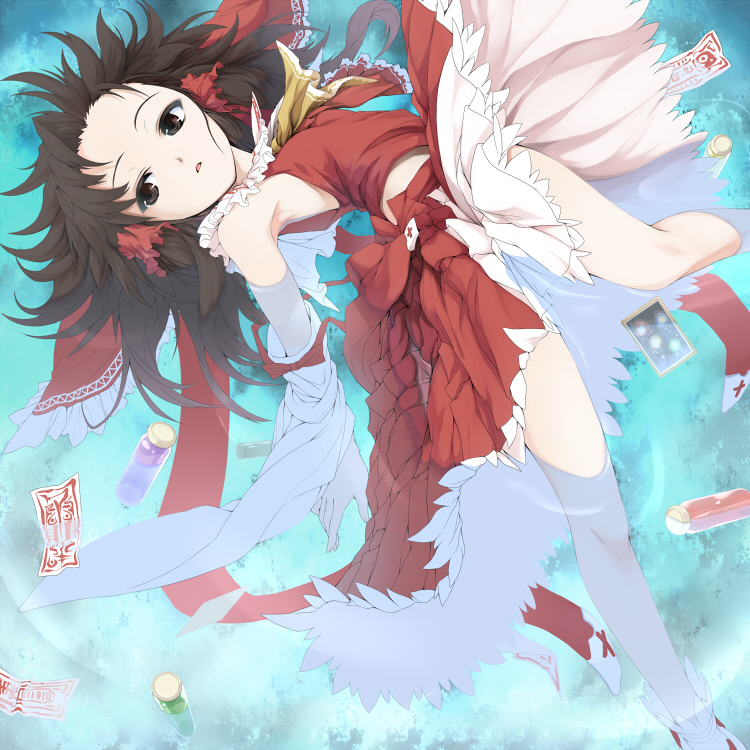 taka yanagi, takayanagi (artist), hakurei reimu, touhou, bad id, bad pixiv id, 1girl, bow, brown hair, detached sleeves, female focus, hair bow, japanese clothes, miko, short hair, solo