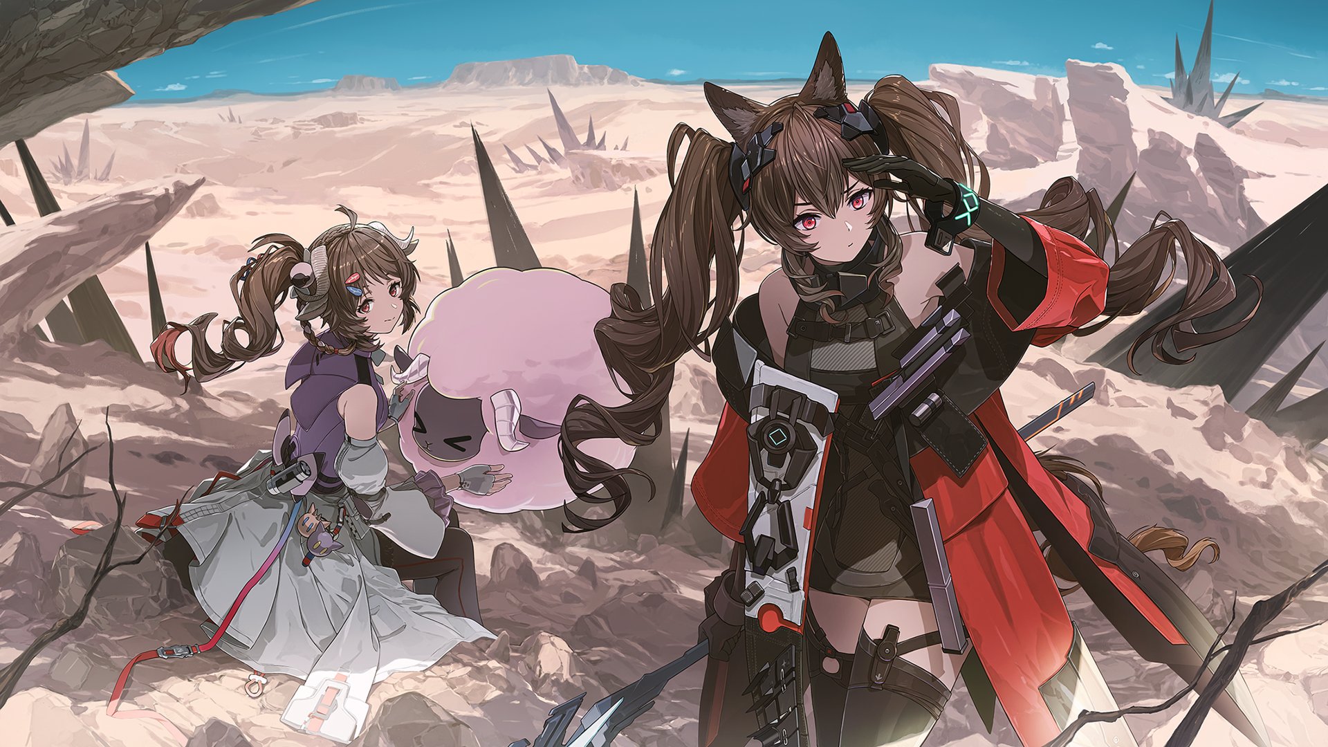 uki atsuya, angelina (arknights), gilberta (arknights), infection monitor (arknights), arknights, arknights: endfield, commentary request, highres, > <, 2girls, :|, animal ears, ardelia (arknights), baby animal, bare shoulders, belt, black gloves, black thighhighs, blue sky, bracelet, breasts, brown hair, closed mouth, coat, day, detached sleeves, dot nose, dress, drill hair, drill ponytail, elbow gloves, floating hair, floating hairn, fox ears, fox girl, from behind, full body, gloves, grey dress, grey horns, hand up, high belt, high collar, holding, holding staff, horns, jewelry, lamb, little black sheep (arknights), long sidelocks, looking at viewer, looking to the side, medium breasts, multiple girls, off shoulder, open clothes, open coat, originium (arknights), outdoors, purple shirt, red coat, rock, scenery, serious, shading eyes, sheep, sheep ears, sheep girl, sheep horns, shirt, sidelocks, sitting, skirt, sky, sleeveless, sleeveless dress, staff, standing, thighhighs, twintails, white skirt, zettai ryouiki