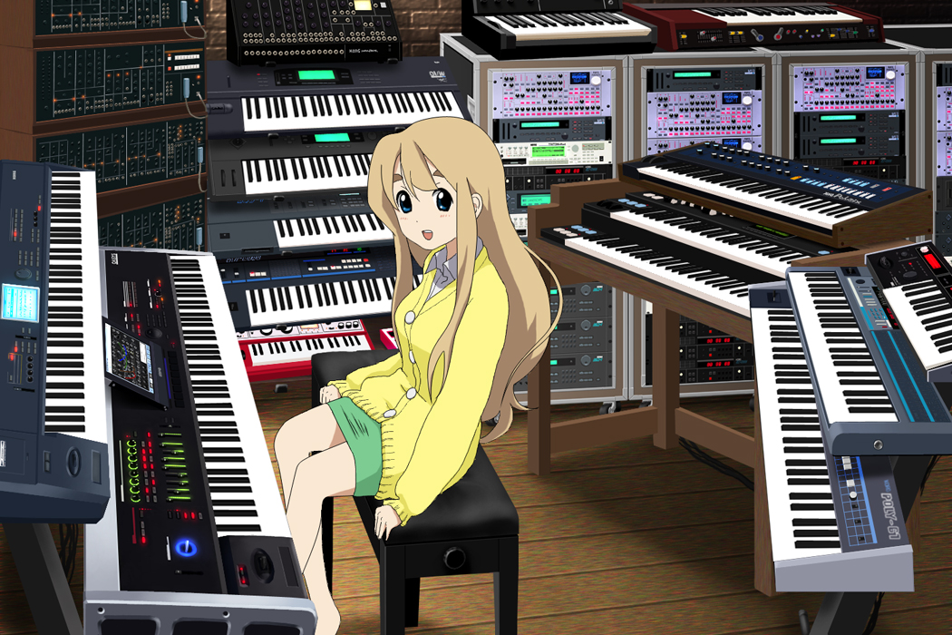 richard crazyman, kotobuki tsumugi, k-on!, korg, 1girl, blonde hair, blue eyes, casual, female focus, indoors, instrument, keyboard (instrument), korg triton, long hair, sitting, solo, synthesizer