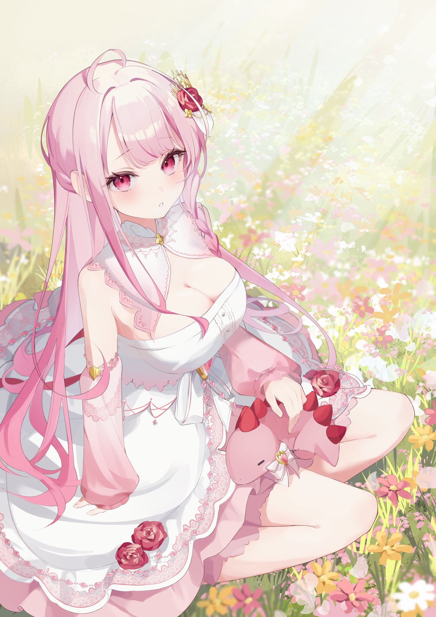 indie virtual youtuber, commentary request, commission, highres, second-party source, 1girl, :o, bare shoulders, breasts, cleavage, collar, detached collar, detached sleeves, dress, field, flower, flower field, hair flower, hair ornament, hanayura tira (vtuber), large breasts, layered dress, light rays, long hair, looking at viewer, off-shoulder dress, off shoulder, pink collar, pink eyes, pink hair, pink sleeves, red flower, rose, sakuragi kohaku, sitting, solo, sunlight, virtual youtuber, wariza, white dress