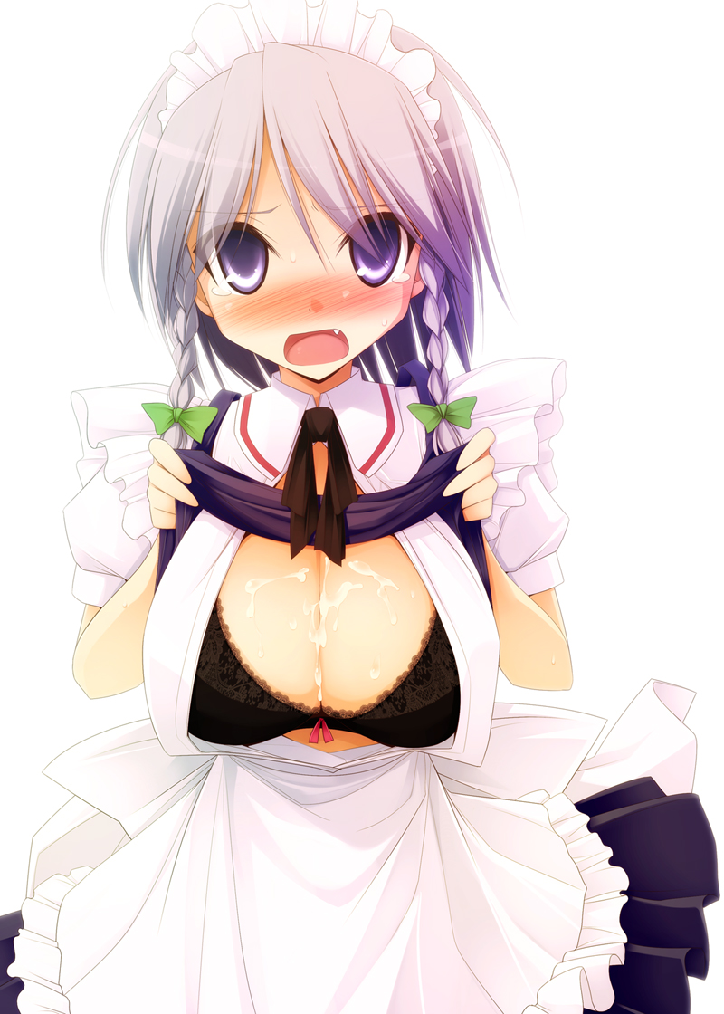 kurikara, izayoi sakuya, touhou, silver hair, 1girl, blue eyes, blush, bra, braid, breasts, clothes lift, cum, cum on body, cum on breasts, cum on upper body, fang, female focus, large breasts, lingerie, maid, open clothes, open mouth, open shirt, shirt, shirt lift, short hair, solo, tears, twin braids, underwear