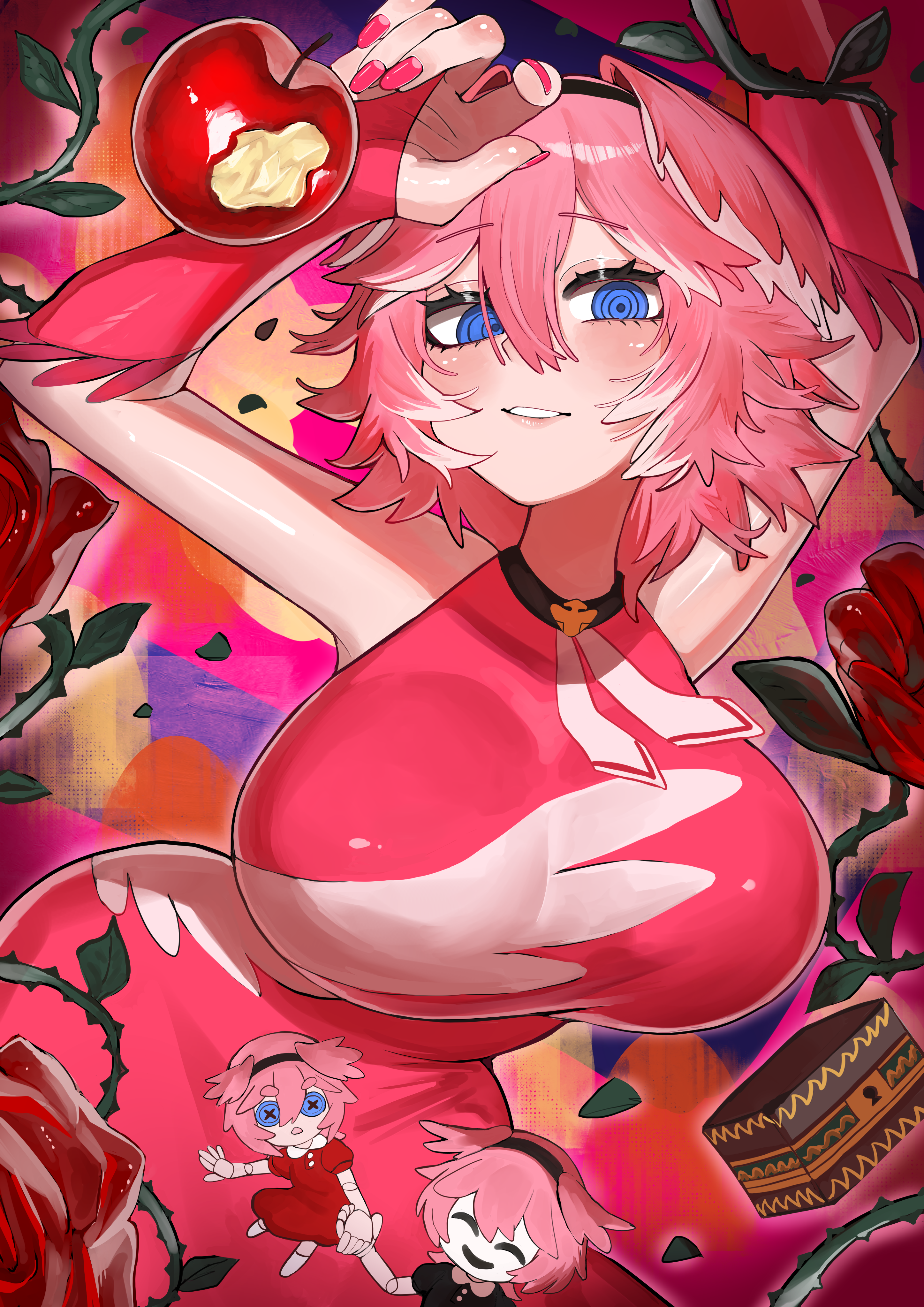 yuuppi, takane lui, hololive, absurdres, commentary, english commentary, highres, @ @, apple, arms up, bare shoulders, blue eyes, breasts, dress, feathered wings, flower, food, fruit, gloves, hair between eyes, head wings, headband, large breasts, light blush, looking at viewer, nail polish, necktie, open mouth, partially fingerless gloves, puppet, red dress, red nails, rose, short hair, sleeveless, sleeveless dress, teeth, virtual youtuber, wings