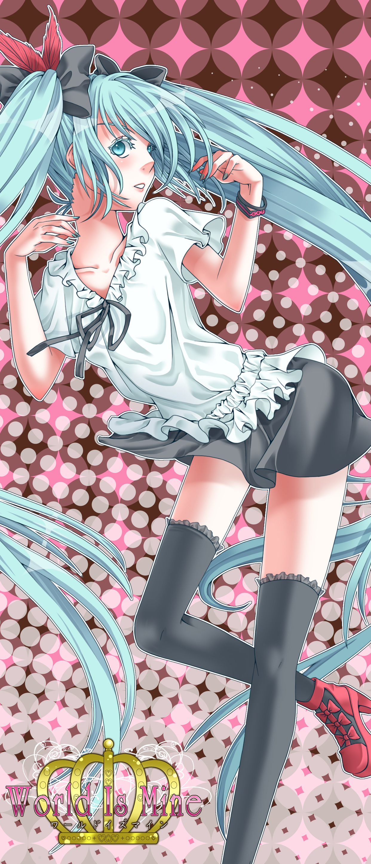 showko, hatsune miku, vocaloid, world is mine (vocaloid), absurdres, highres, green eyes, green hair, hair ribbon, legs, long hair, ribbon, shoes, skirt, solo, thighhighs, twintails
