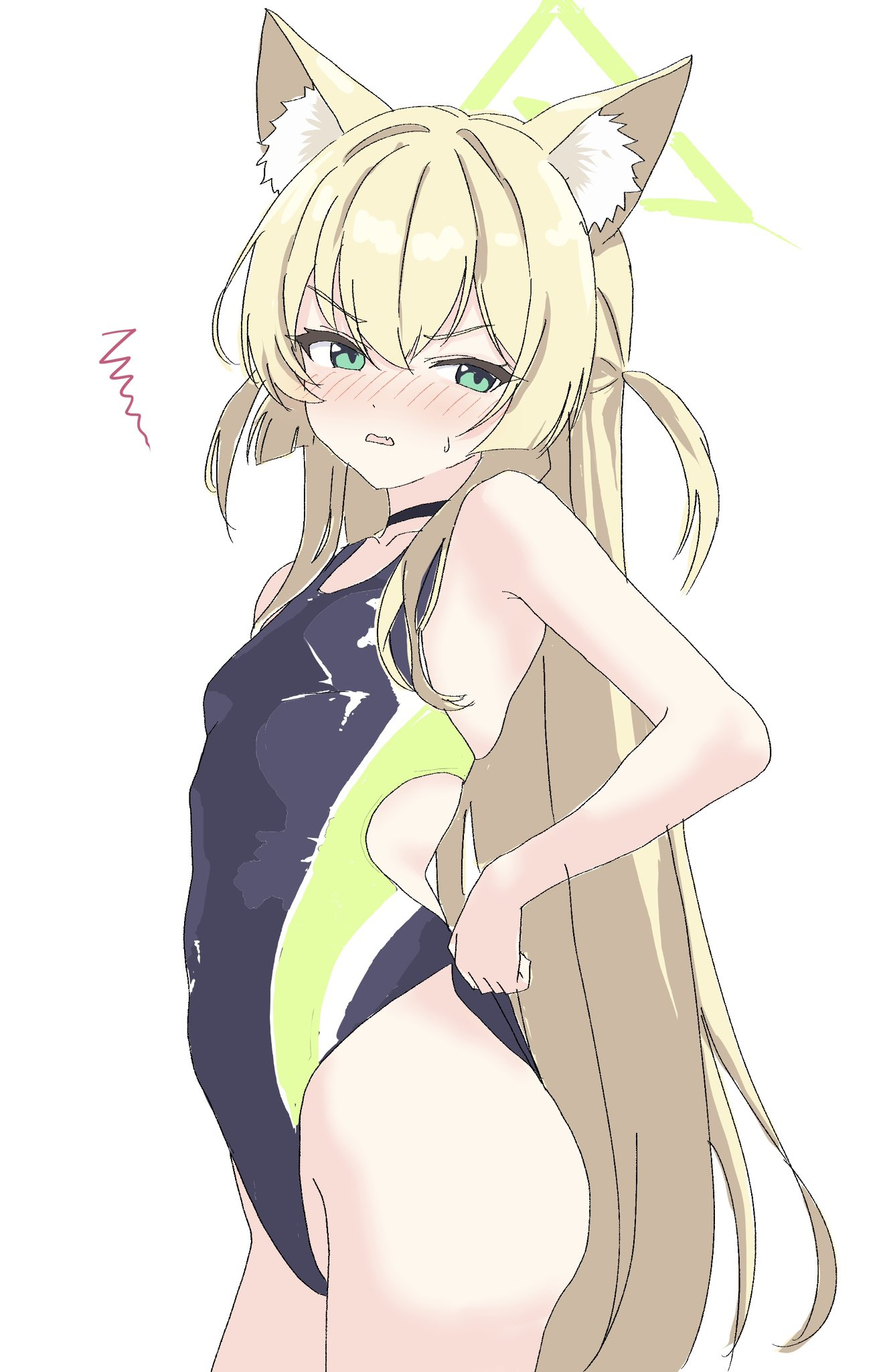 kamitosayu, kurumi (blue archive), blue archive, commentary request, highres, 1girl, alternate costume, animal ear fluff, animal ears, blonde hair, blush, breasts, competition swimsuit, embarrassed, fox ears, fox girl, from side, halo, highleg, highleg one-piece swimsuit, long hair, multicolored swimsuit, one-piece swimsuit, small breasts, solo, swimsuit, triangle halo, two-tone swimsuit, two side up, white background