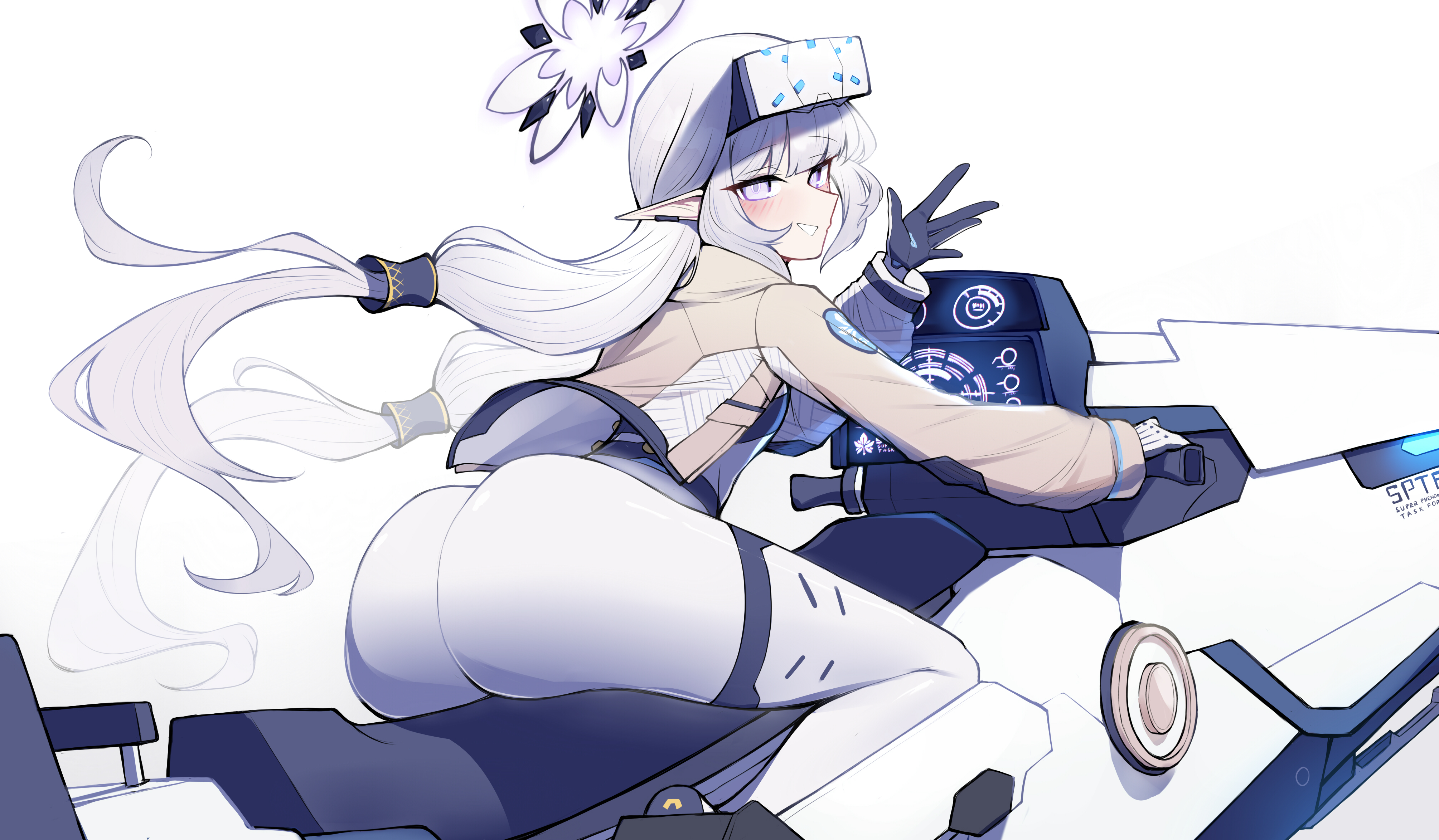 git (git giit), himari (blue archive), himari (bodysuit) (blue archive), blue archive, absurdres, commentary, highres, 1girl, ass, black gloves, bodysuit, brown jacket, gloves, halo, hover bike, jacket, long hair, motor vehicle, motorcycle, multicolored halo, on motorcycle, pointy ears, simple background, smile, solo, two-tone halo, very long hair, white background, white bodysuit, white eyes, white hair, white visor