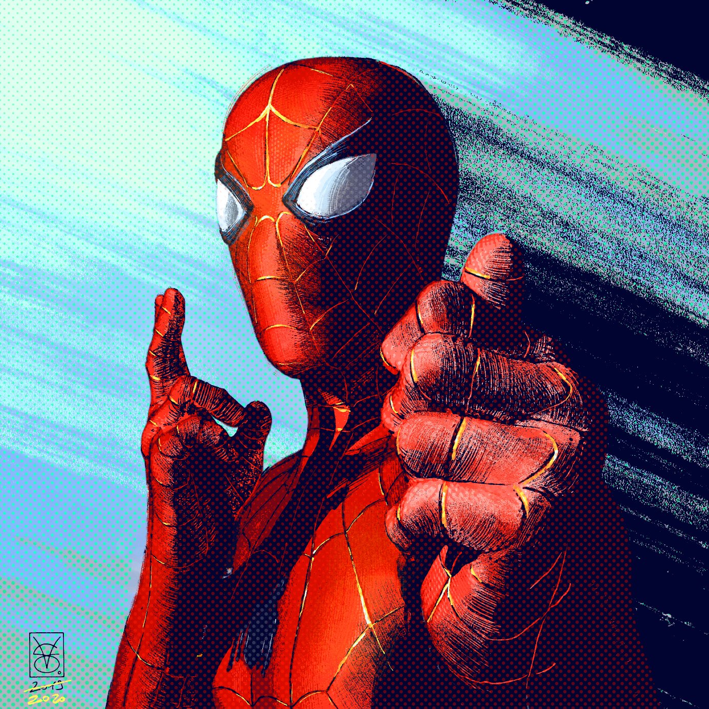 spider-man, marvel, spider-man (series), commentary, english commentary, highres, 1boy, 2019, 2020, abstract background, animal print, artist name, blue bodysuit, bodysuit, dated, mask, multicolored bodysuit, print bodysuit, red bodysuit, sidelighting, signature, silk, solo, spider print, spider web, spider web print, superhero costume, two-tone bodysuit, valerio giangiordano