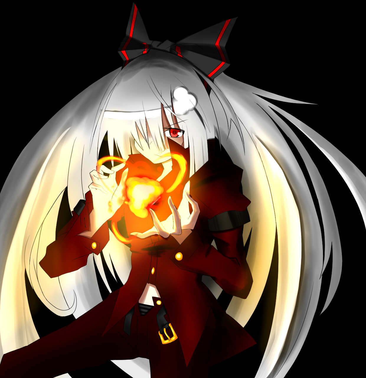 hati105, fujiwara no mokou, touhou, silver hair, bad id, bad pixiv id, highres, 1girl, alternate costume, belt, female focus, fire, hair over one eye, hair ribbon, long hair, long sleeves, pants, red eyes, ribbon, simple background, solo