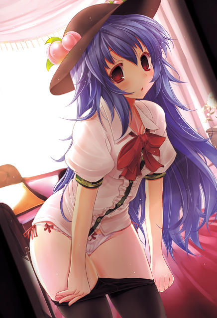 scarlet (studioscr), hinanawi tenshi, touhou, bad id, bad pixiv id, 1girl, blue hair, bow, bow panties, clothes pull, dress shirt, female focus, food, fruit, hat, lingerie, long hair, panties, pantyhose, pantyhose pull, peach, pink panties, red eyes, shirt, side-tie panties, solo, thighs, underwear, undressing