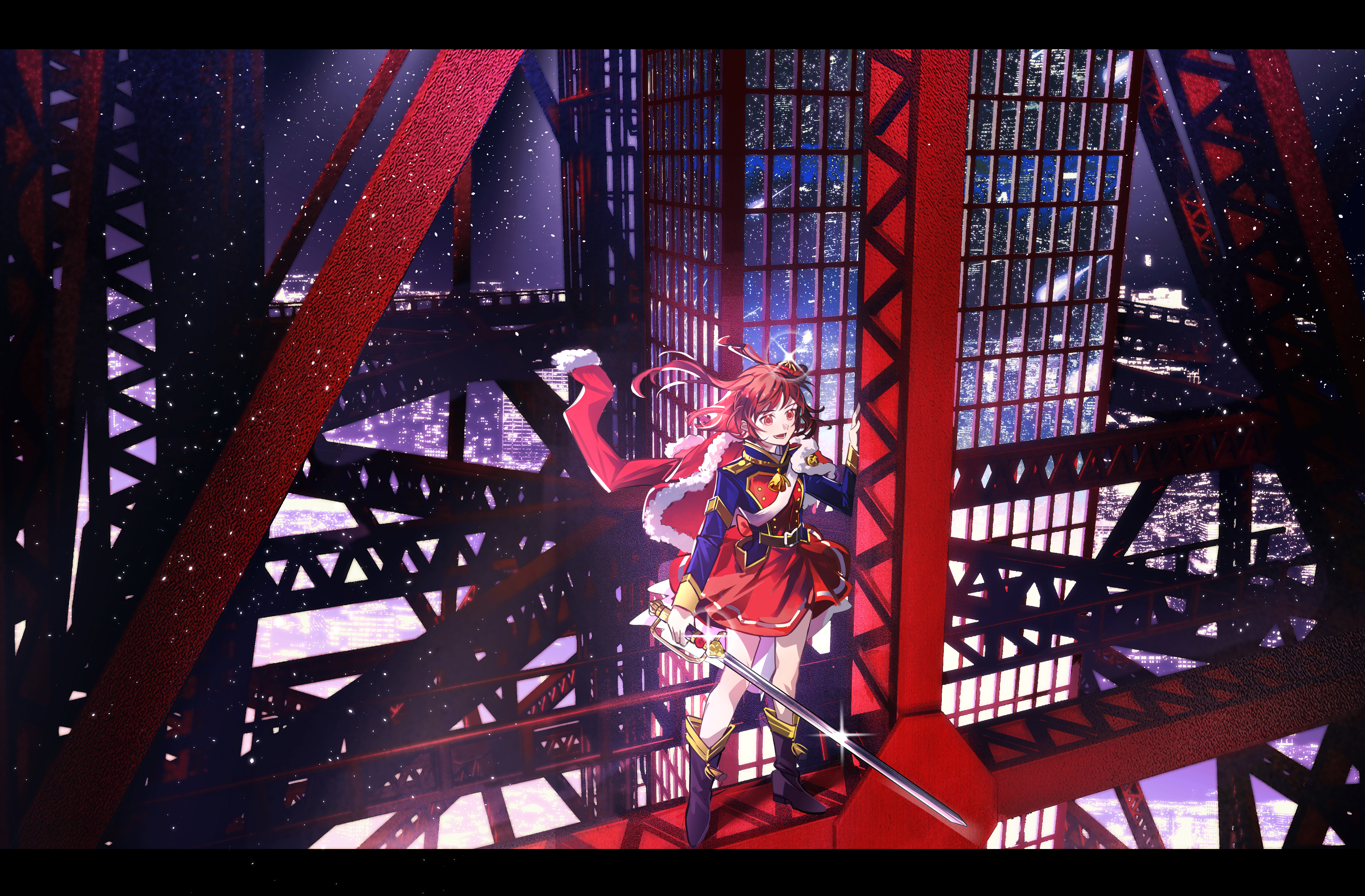 wu huo (nor020113), aijou karen, shoujo kageki revue starlight, absurdres, chinese commentary, commentary request, highres, 1girl, :d, aiguillette, belt, belt buckle, black belt, black boots, blue jacket, boots, brown eyes, brown hair, buckle, building, city lights, crown, epaulettes, film grain, floating clothes, floating hair, fur-trimmed jacket, fur trim, glint, hand rest, hand up, holding, holding sword, holding weapon, jacket, jacket on shoulders, legs apart, letterboxed, long sleeves, looking ahead, lower teeth only, medium hair, mini crown, miniskirt, multicolored jacket, night, open mouth, outdoors, possibility of puberty (sword), red jacket, sash, shoulder sash, single horizontal stripe, skirt, skyscraper, smile, solo, standing, striped clothes, striped skirt, sword, tassel, teeth, tilted headwear, truss, two side up, waist cape, weapon, white sash, wide shot, wind