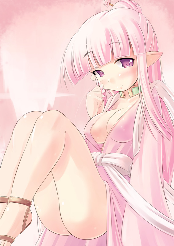 kourourin, original, 1girl, blush, breasts, cleavage, elf, female focus, legs, long hair, medium breasts, pink hair, pink theme, pointy ears, purple eyes, sandals, solo