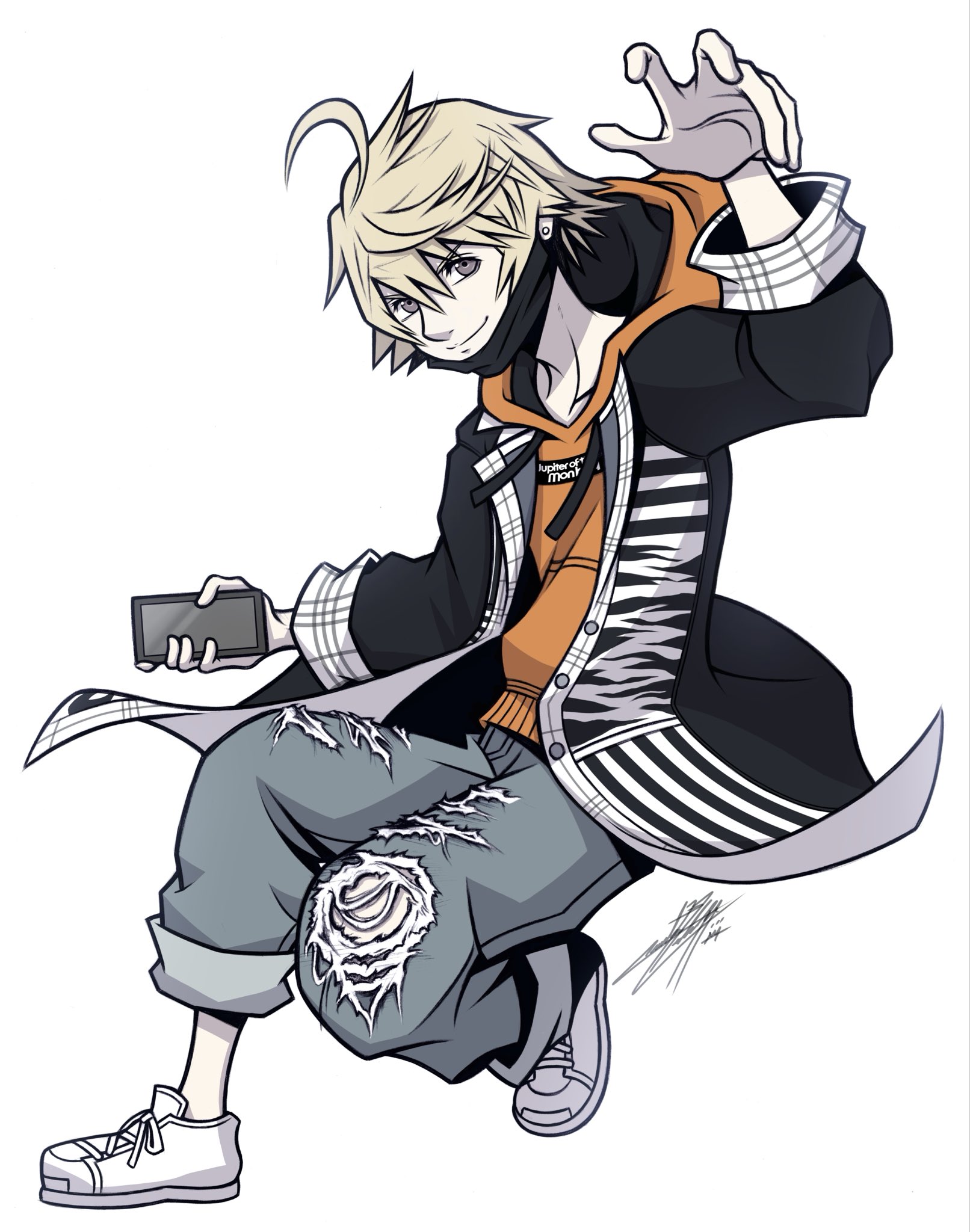 kanade rindo, shin subarashiki kono sekai, subarashiki kono sekai, 1boy, ahoge, black coat, black mask, blonde hair, brown eyes, cellphone, closed mouth, clothes writing, coat, denim, ear piercing, eyebrows hidden by hair, face mask, holding, holding phone, hoodie, jeans, long coat, male focus, mask, mouth mask, orange hoodie, pants, phone, piercing, shoes, smartphone, smile, smirk, standing, standing on one leg, torn clothes, torn jeans, torn pants, white shoes