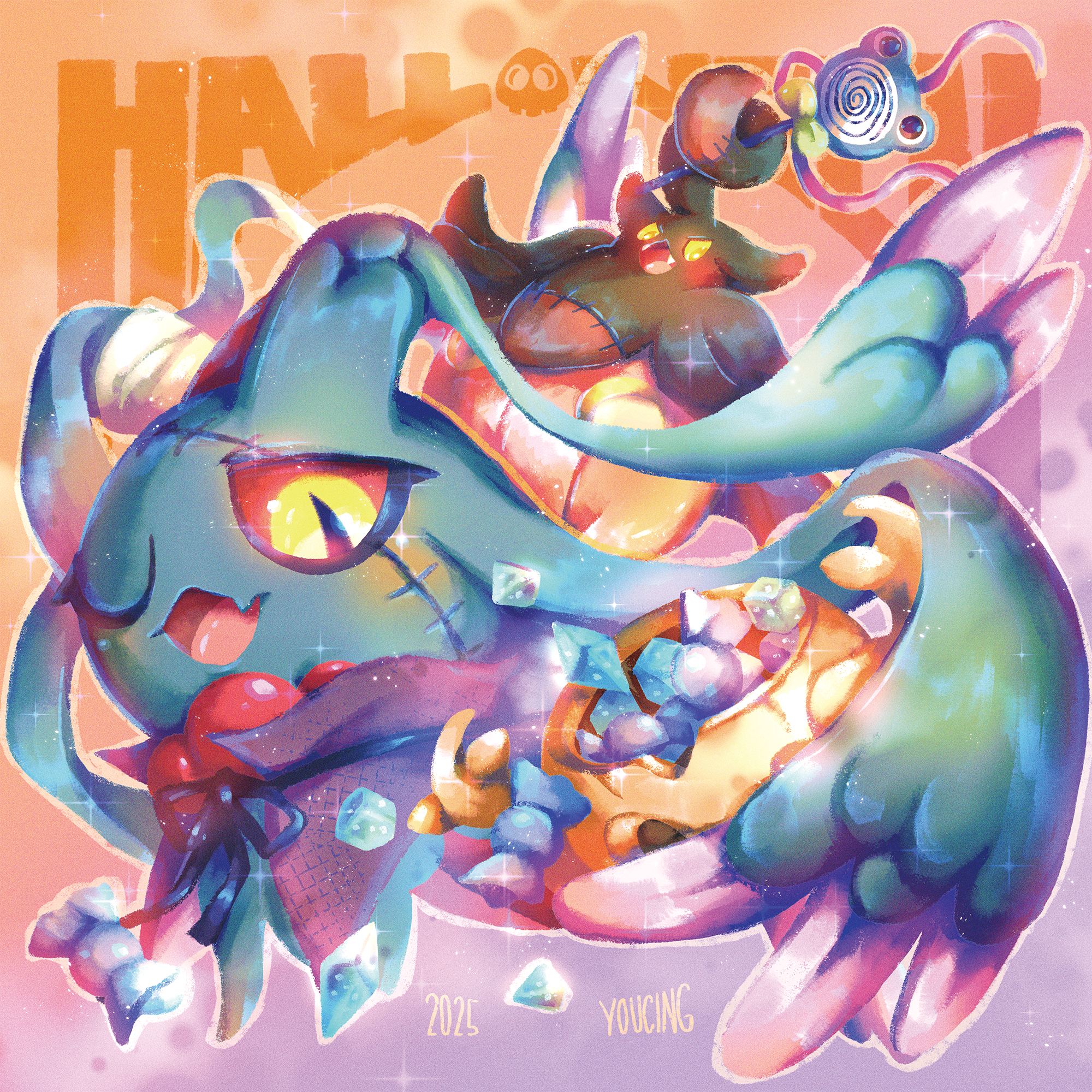 youcing, duskull, flutter mane, phantump, poliwhirl, pumpkaboo, nintendo, pokemon, commentary request, highres, candy, cape, exp candy, fang, fangs, floating, food, gen 1 pokemon, gen 3 pokemon, gen 6 pokemon, ghost, halloween, looking at viewer, no humans, open mouth, plant, pokemon (creature), pumpkin, rare candy, spiral, stitched face, stitches, tendril, yellow eyes