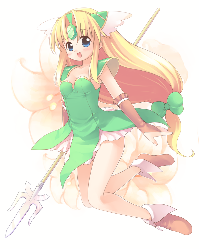 emurin, riesz, seiken densetsu, seiken densetsu 3, 1girl, blonde hair, blue eyes, bridal gauntlets, brown bridal gauntlets, brown shoes, female focus, long hair, low-tied long hair, polearm, ribbon, shoes, solo, spear, very long hair, weapon
