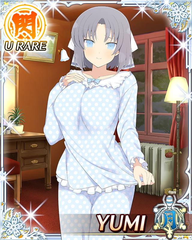 yumi (senran kagura), senran kagura, senran kagura new wave, game cg, official art, third-party source, 1girl, bedroom, blue eyes, blue pajamas, blue pants, blue shirt, border, bow, breasts, card (medium), chair, character name, closed mouth, desk, grey hair, hair bow, heater, indoors, large breasts, looking at viewer, medium hair, night, pajamas, pants, polka dot, polka dot pajamas, shirt, smile, solo, striped bow, white bow