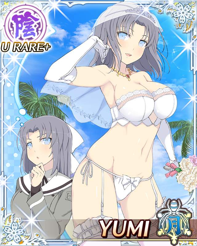 yumi (senran kagura), senran kagura, senran kagura new wave, game cg, official art, third-party source, variant set, 1girl, :o, arm at side, arm up, beach, blue eyes, blue sky, border, bouquet, bow, bra, breasts, bridal lingerie, card (medium), character name, cleavage, elbow gloves, flower, garter straps, gessen academy school uniform, gloves, gluteal fold, grey hair, grey jacket, groin, hair bow, hand on own chin, jacket, jewelry, large breasts, lingerie, looking at viewer, medium hair, multiple views, navel, necklace, nontraditional wedding dress, ocean, palm tree, panties, parted lips, pearl necklace, sailor collar, school uniform, side-tie panties, silver tiara, skindentation, sky, smile, solo, speech bubble, string panties, striped bow, thighhighs, thinking, thought bubble, tiara, tree, underwear, veil, white bow, white bra, white garter straps, white panties, white sailor collar