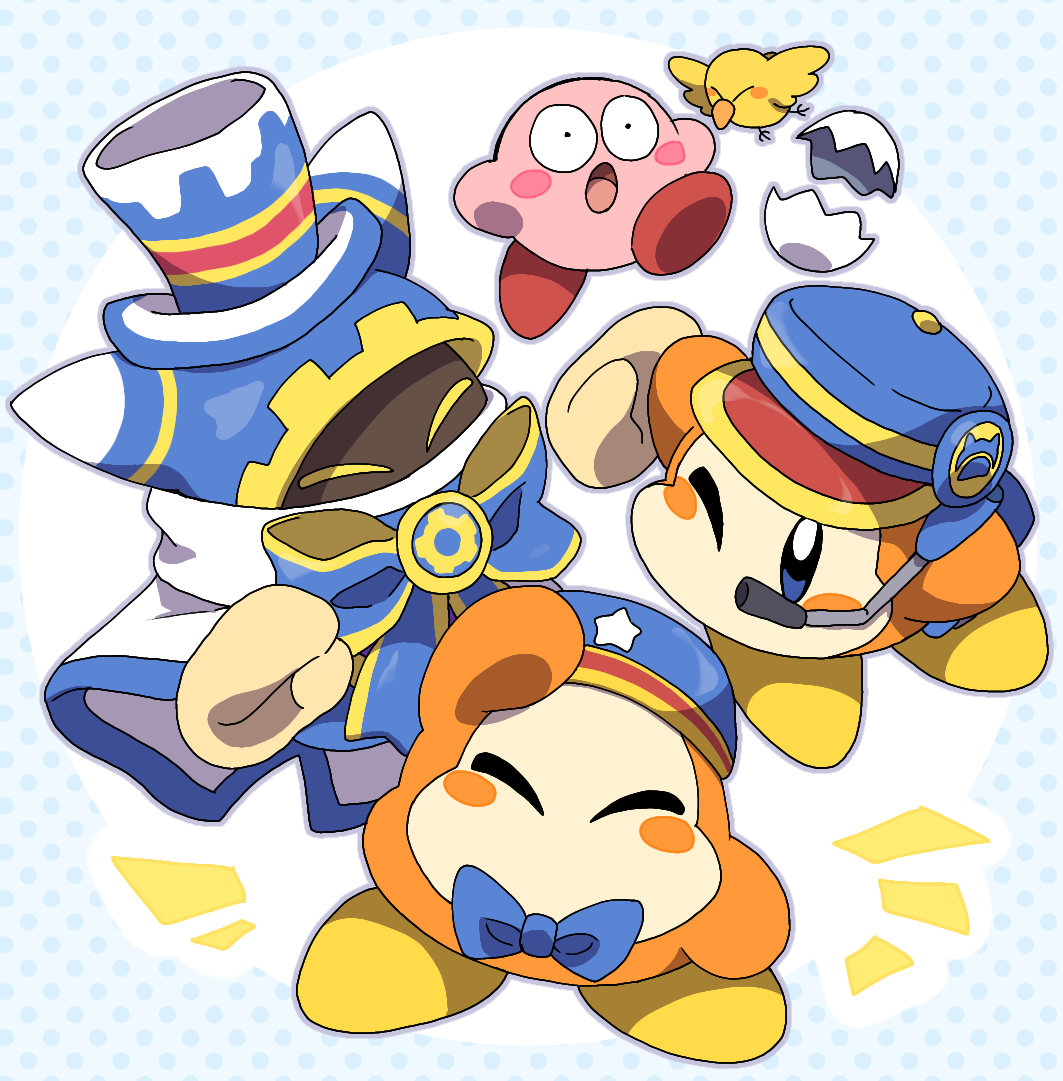 roku (rokkrn), kirby, magolor, waddle dee, kirby (series), nintendo, commentary request, baby animal, bird, blue bow, blue bowtie, blue eyes, blush stickers, bow, bowtie, cape, chick, closed eyes, constricted pupils, egg, full body, hat, headset, one eye closed, open mouth, top hat, white cape
