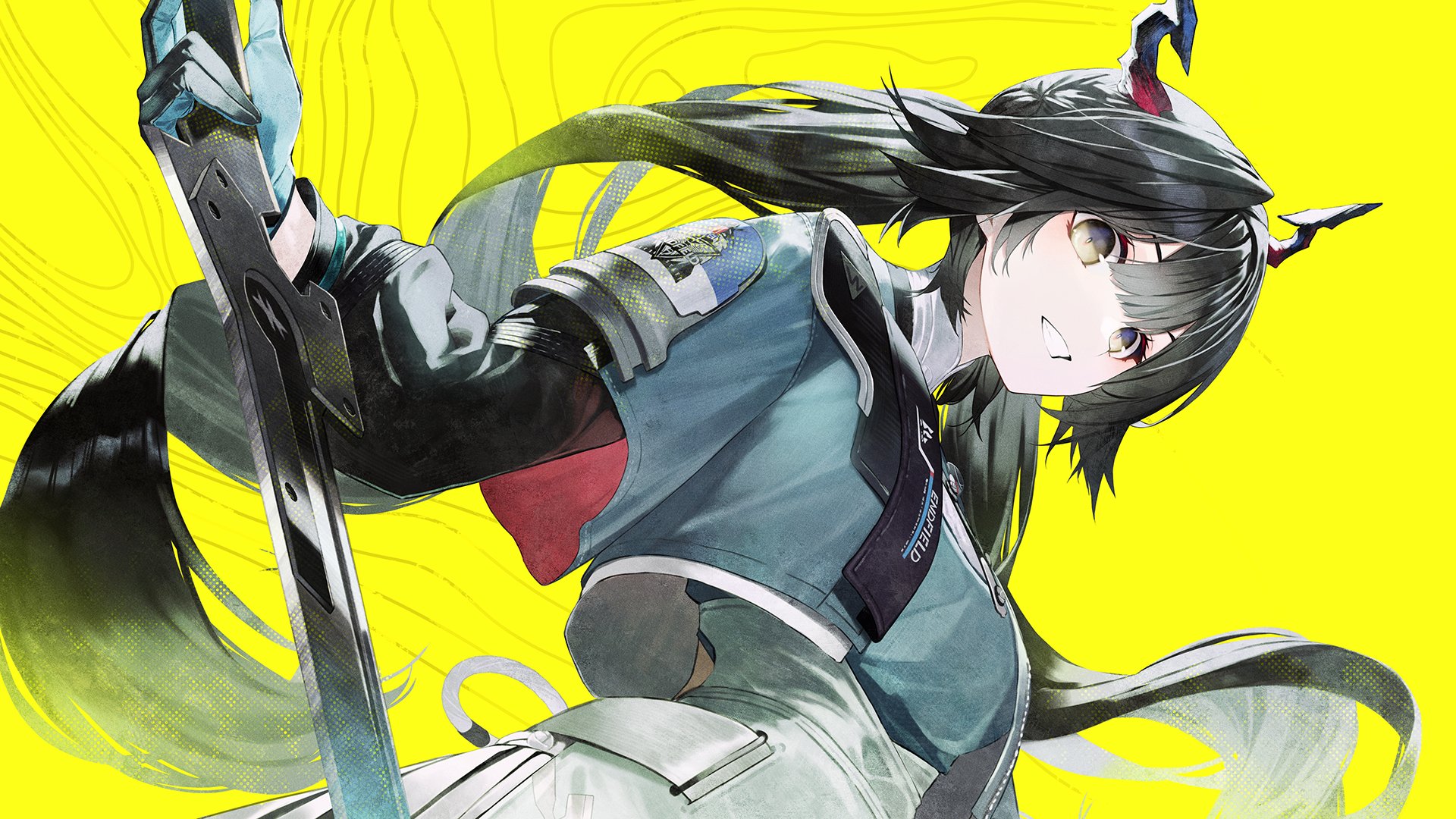 senmu (senmudayo), chen qianyu (arknights), arknights, arknights: endfield, commentary request, highres, 1girl, black hair, blue gloves, blue jacket, dragon girl, dragon horns, eastern dragon horns, elevation contour lines, floating hair, gloves, grey eyes, grin, holding, holding sword, holding weapon, horns, jacket, long hair, long sleeves, open clothes, open jacket, simple background, skirt, smile, solo, sword, twintails, upper body, very long hair, weapon, white skirt, yellow background