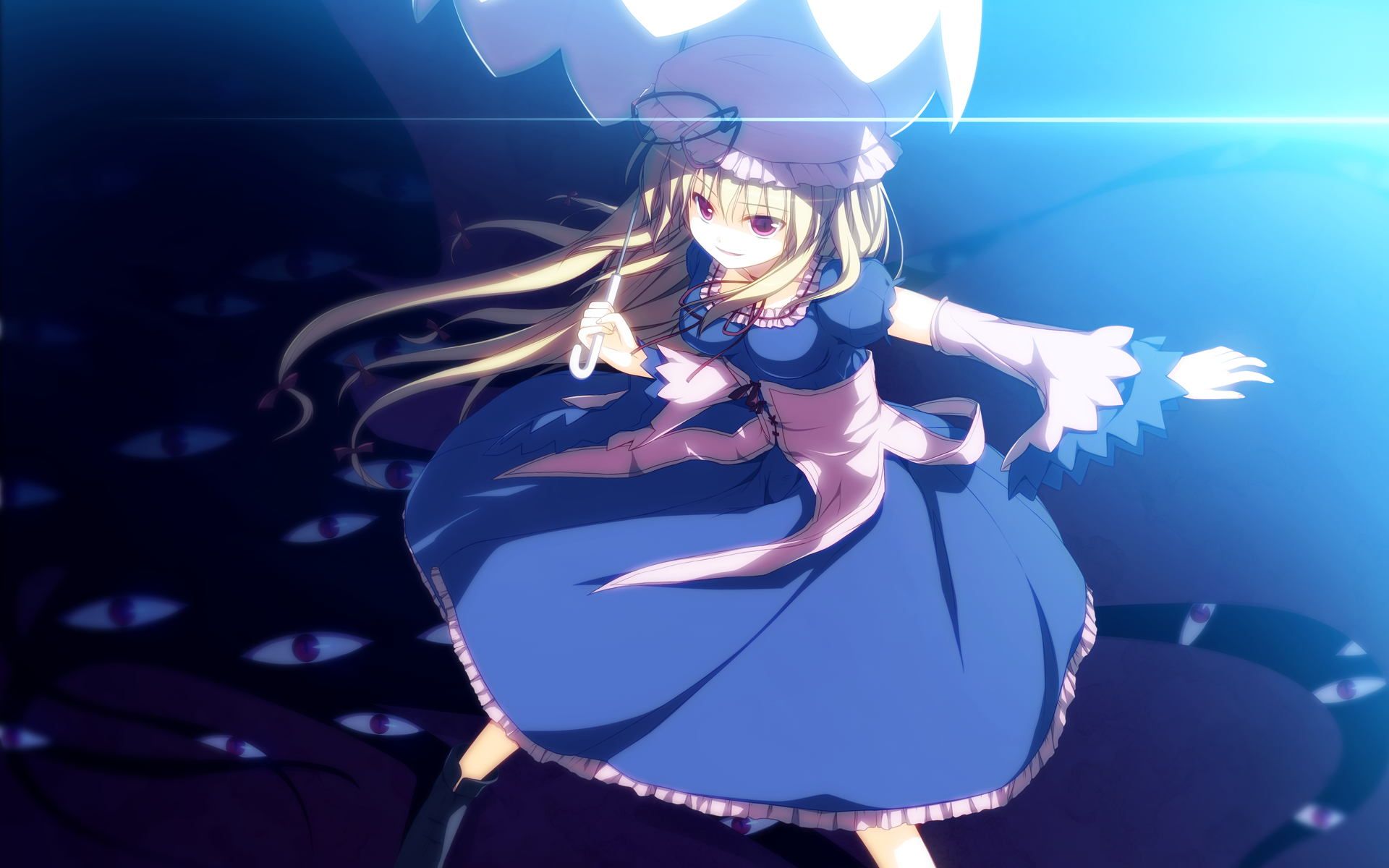 maid koubou, yakumo yukari, touhou, bad id, bad pixiv id, highres, 1girl, blonde hair, female focus, gap (touhou), hat, long hair, red eyes, solo, umbrella