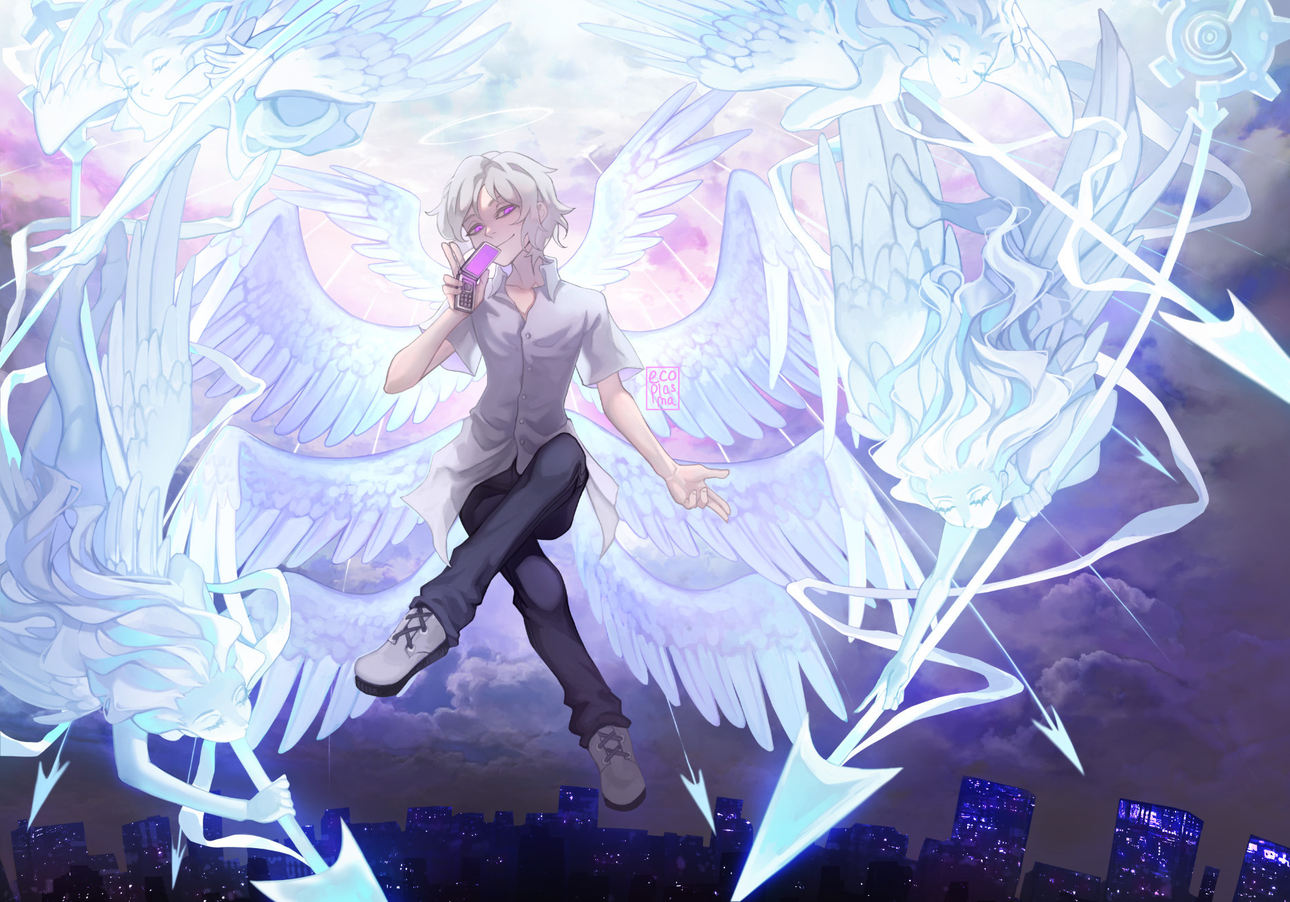 kiryu yoshiya, subarashiki kono sekai, 1boy, angel, angel wings, buttons, cellphone, city, city lights, cityscape, cloud, cloudy sky, crossed legs, eyelashes, feathered wings, flip phone, floating, flying, grey hair, halo, holding, holding phone, holy, male focus, multiple wings, open collar, phone, polearm, purple eyes, seraph, shoes, sitting on air, sky, smile, spear, weapon, white shoes, white wings, wings