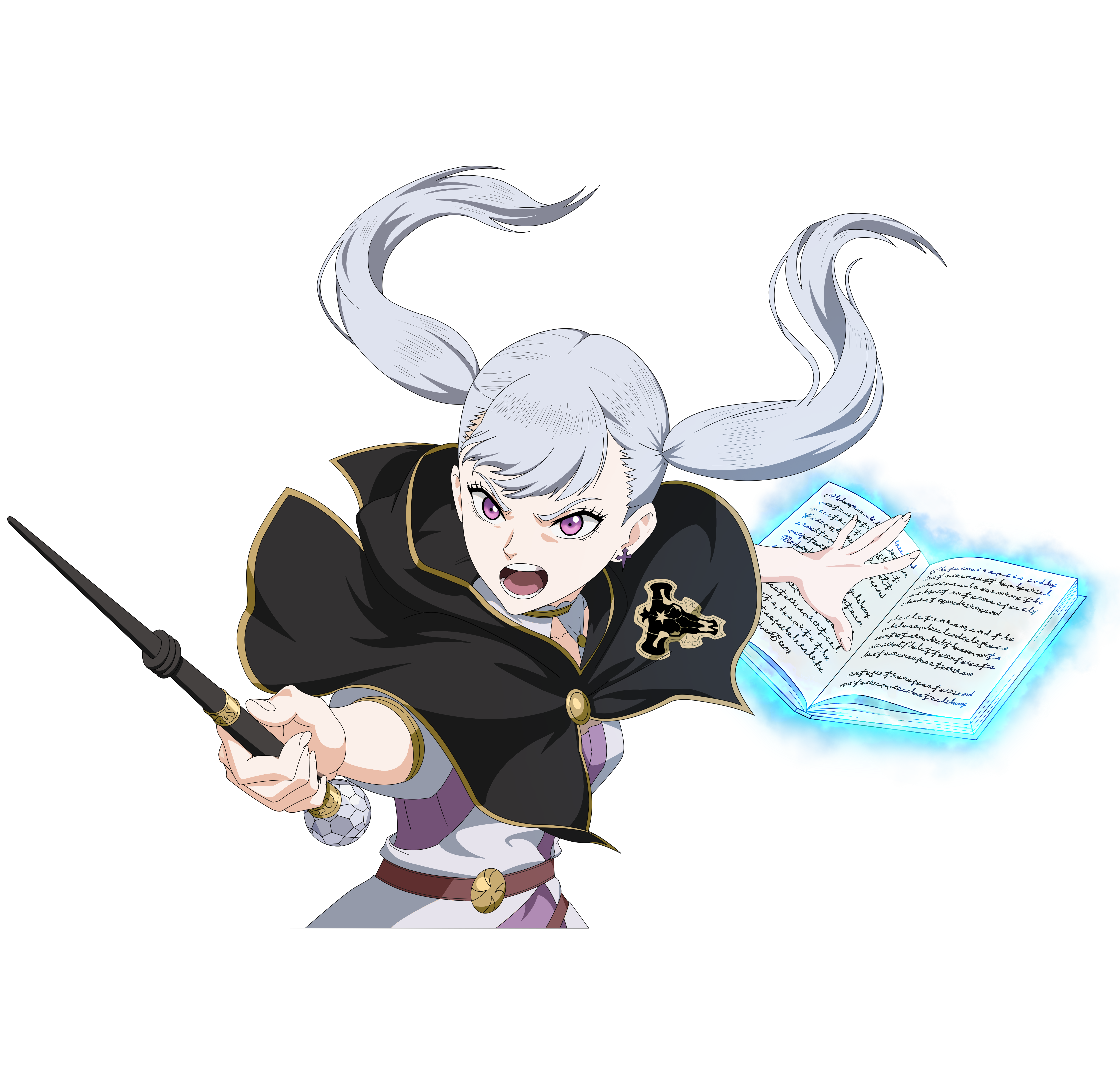 noelle silva, black clover, black clover m: rise of the wizard king, absurdres, highres, non-web source, official art, 1girl, black bulls (emblem), black capelet, book, capelet, dress, earrings, grey hair, grimoire, holding, holding wand, jewelry, looking at viewer, open book, open mouth, pink dress, pink eyes, simple background, solo, teeth, transparent background, twintails, two-tone dress, wand, white dress