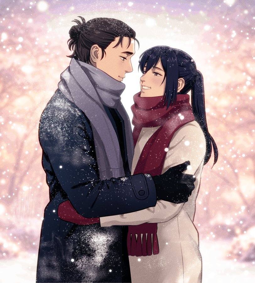 1216liddell, eren yeager, mikasa ackerman, shingeki no kyojin, commentary request, 1boy, 1girl, black coat, black gloves, black hair, brown hair, closed mouth, coat, couple, cowboy shot, gloves, grey eyes, grey scarf, hair between eyes, hair bun, hand on another's arm, hand on another's waist, hetero, long hair, looking at another, medium hair, mittens, outdoors, parted lips, ponytail, red mittens, red scarf, scarf, smile, snow, teeth, updo, white coat, winter, winter clothes