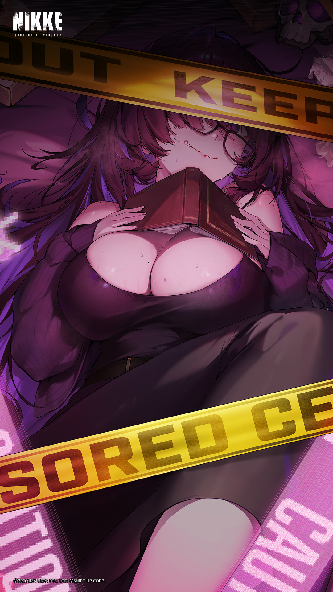 label (nikke), goddess of victory: nikke, commentary request, highres, official art, 1girl, belt, belt buckle, black-framed eyewear, black dress, black hair, book, breasts, brown belt, buckle, cleavage, colored inner hair, dress, holding, holding book, large breasts, long hair, looking at viewer, lying, multicolored hair, on back, purple eyes, purple hair, sleeveless, sleeveless dress, smile, solo, sweat, two-tone hair