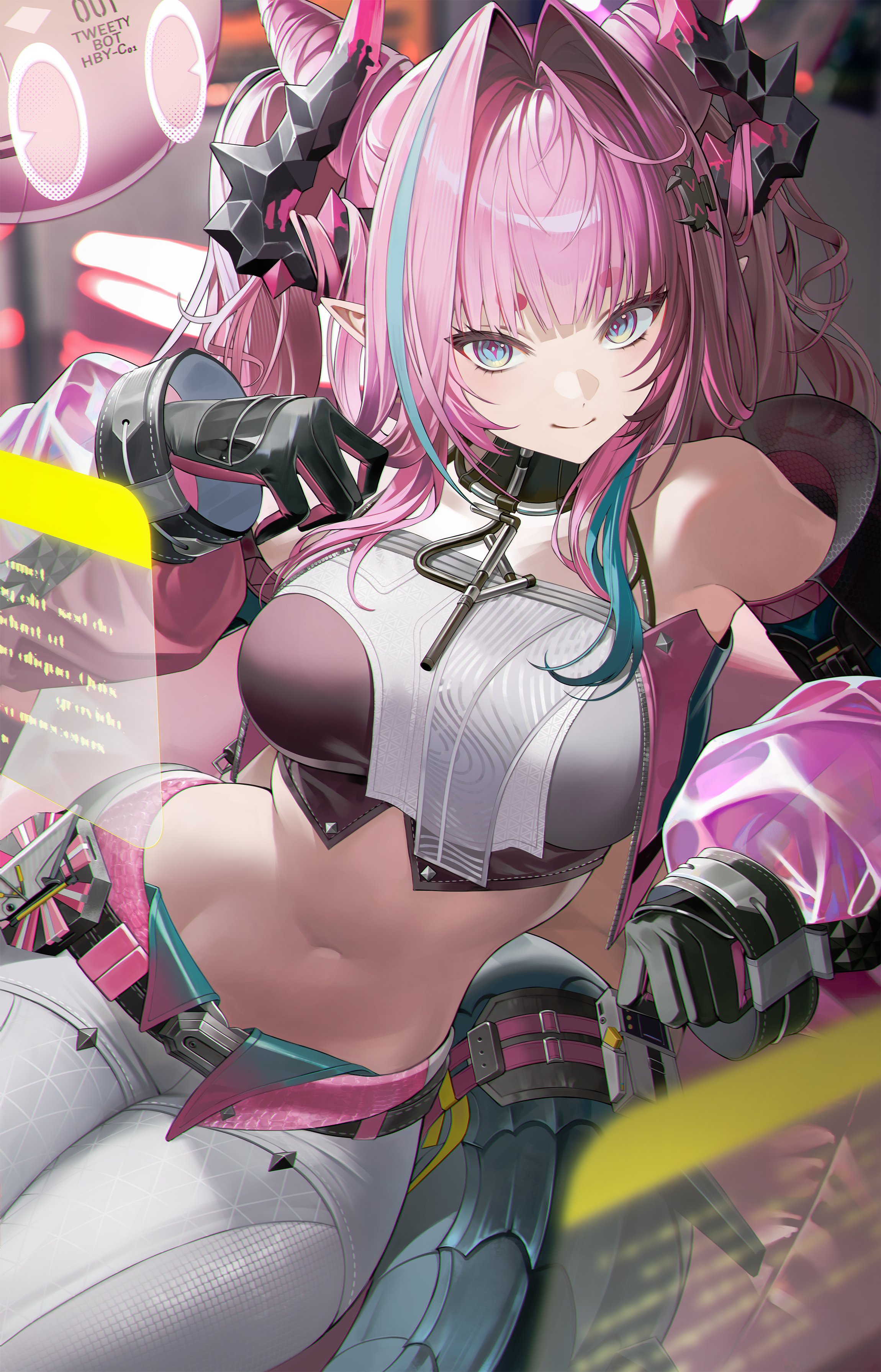 chungla, yvonne (arknights), arknights, arknights: endfield, absurdres, commentary, highres, symbol-only commentary, 1girl, armpits, bare shoulders, black gloves, blue eyes, breasts, closed mouth, cone hair bun, crop top, detached sleeves, dragon horns, gloves, hair bun, hair intakes, hand up, horns, large breasts, long hair, long sleeves, looking at viewer, midriff, navel, pants, pink hair, pointy ears, shirt, sitting, sleeveless, sleeveless shirt, smile, solo, stomach, thick eyebrows, white pants, white shirt