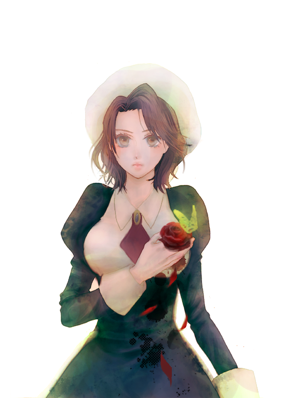 chuna, shannon (umineko), umineko no naku koro ni, bad id, bad pixiv id, 1girl, brown hair, bug, butterfly, female focus, flower, insect, looking at viewer, maid, petals, simple background, solo, white background