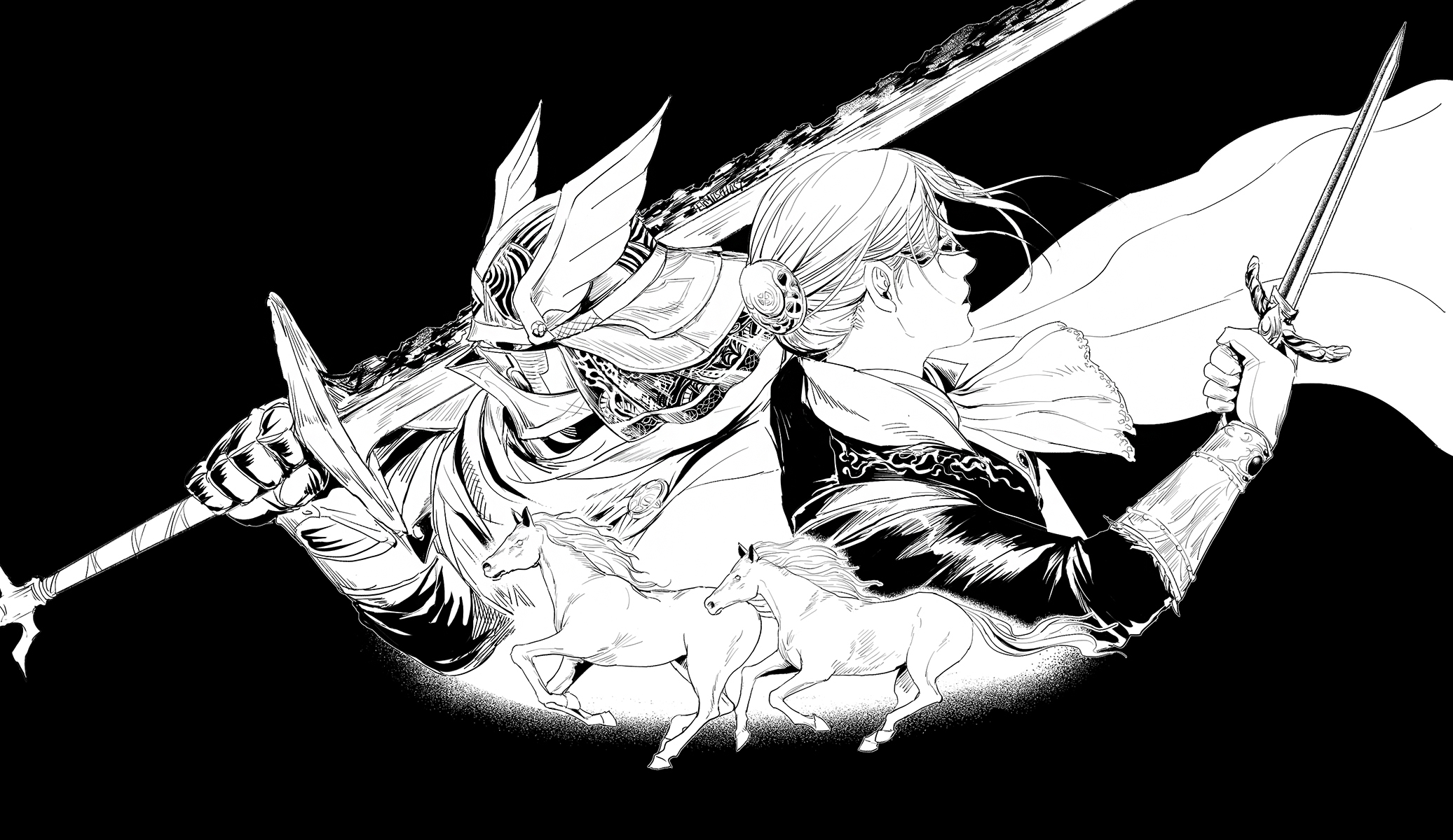 hermitsghost, duchess, wylder (elden ring), elden ring, elden ring nightreign, commentary request, highres, 1boy, 1girl, animal, ascot, brooch, brother and sister, cape, covered eyes, dagger, eye mask, gauntlets, gloves, greyscale, helmet, holding, holding dagger, holding knife, holding sword, holding weapon, horse, jacket, jewelry, knife, mask, monochrome, over shoulder, scarf, siblings, simple background, sword, upper body, weapon, weapon over shoulder, winged helmet