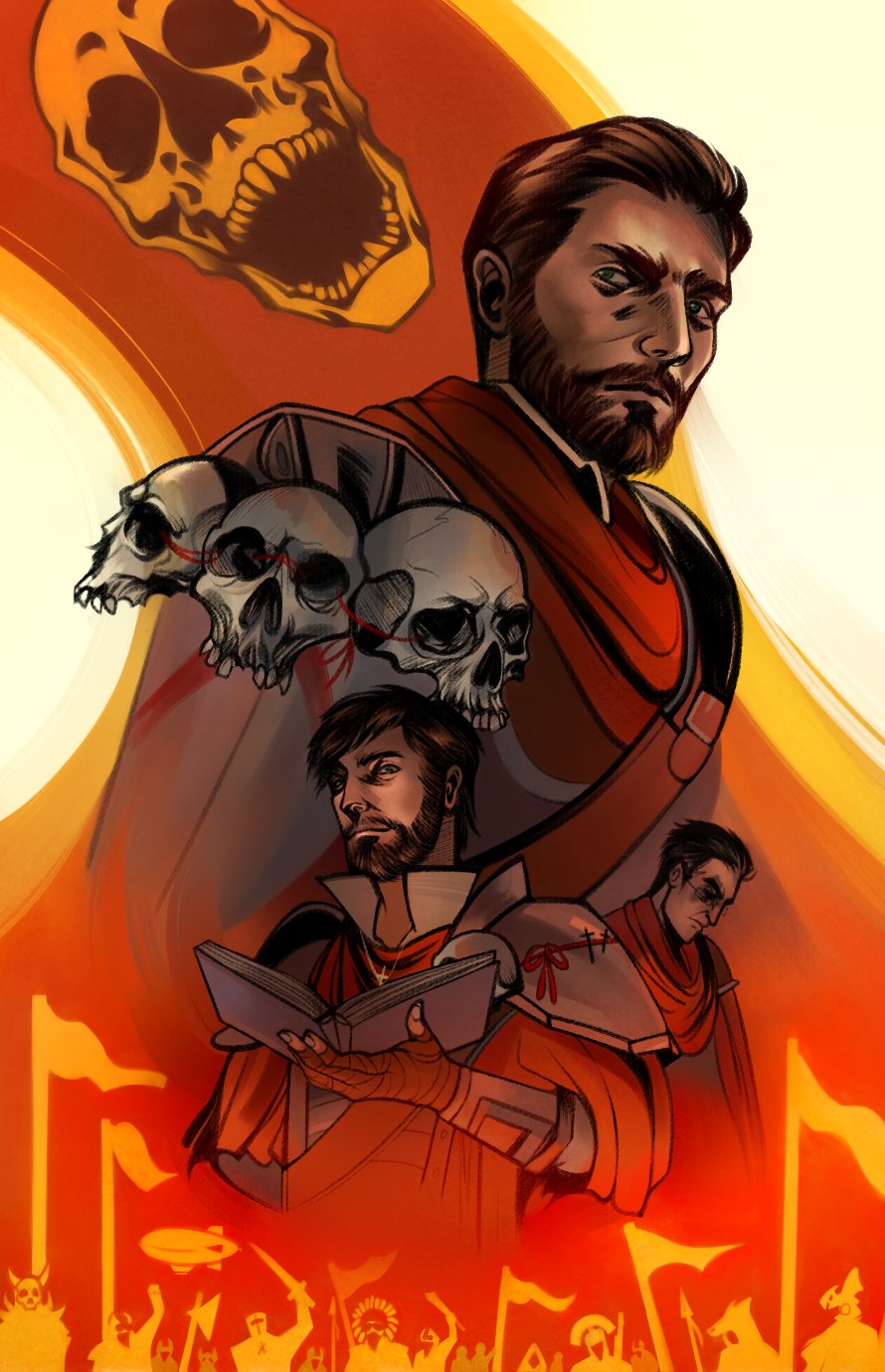 corvux, fallout, fallout: new vegas, hearts of iron, commentary, english commentary, highres, 3boys, armor, bandana, bandana around neck, banner, beard, blonde hair, book, brothers, caesar's legion, cross, cross necklace, facial hair, green eyes, holding, holding book, jewelry, male focus, multiple boys, necklace, pauldrons, people, short hair, shoulder armor, siblings, skull, twins