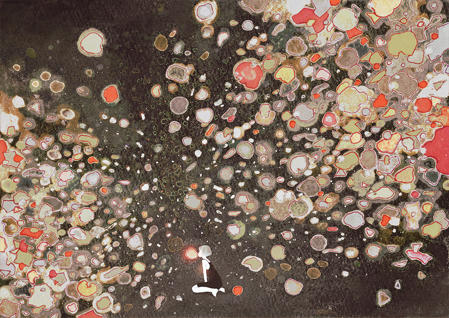 kumaori jun, original, bad id, bad pixiv id, 1girl, abstract, female focus, kiss, kneeling, short hair, solo, white hair