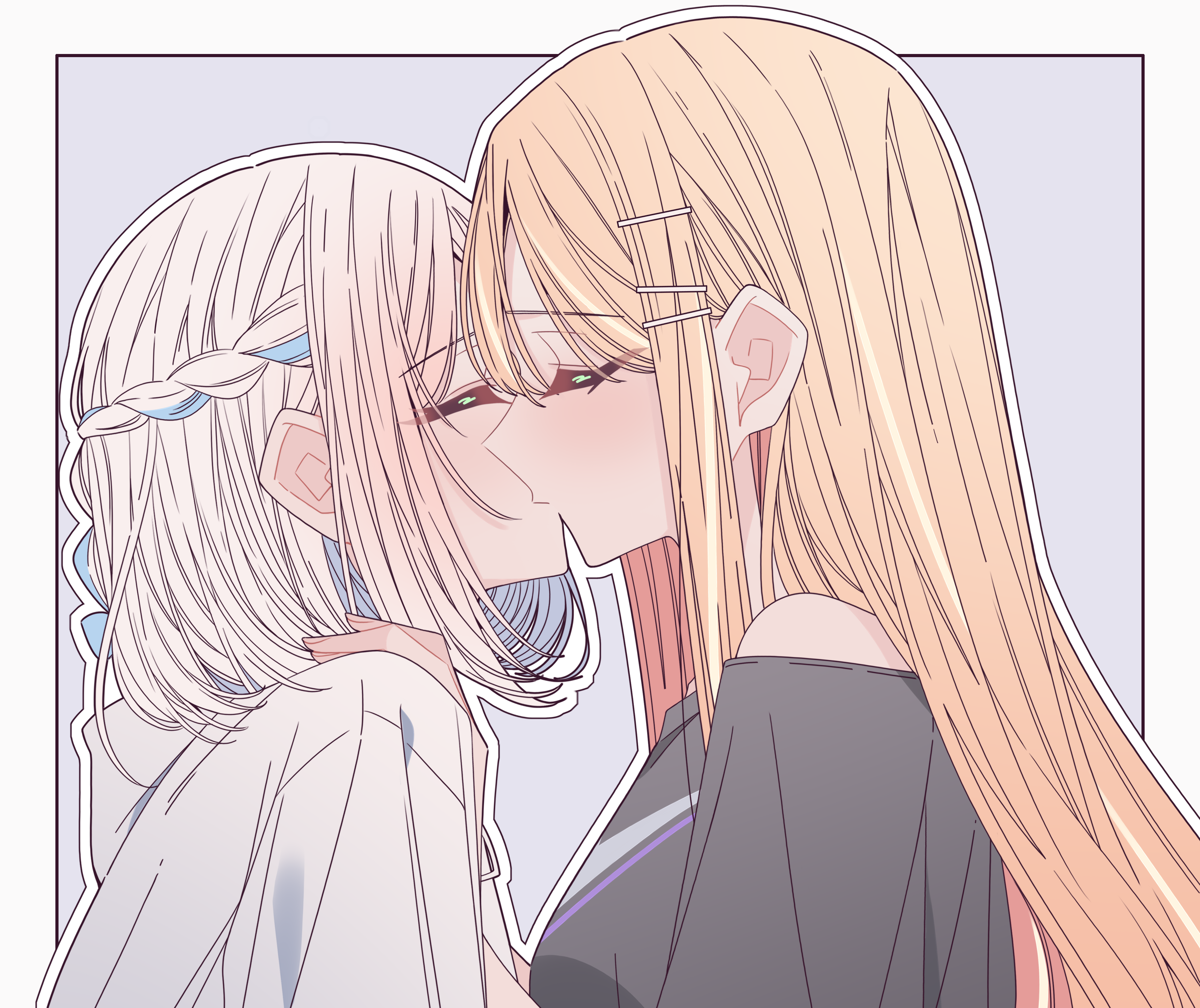 kousaka 0v0, katsuragi lilja, shiun sumika, gakuen idolmaster, idolmaster, absurdres, commentary request, highres, 2girls, black shirt, blue ribbon, blush, border, braid, closed eyes, hair ribbon, half up braid, hand on another's shoulder, hood, hoodie, kiss, long hair, multiple girls, off-shoulder shirt, off shoulder, orange hair, outline, purple background, ribbon, ribbon braid, shirt, short hair, white border, white hair, white hoodie, white outline, yuri