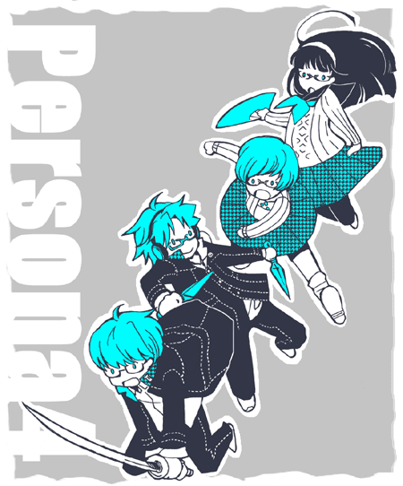 botiboti, amagi yukiko, hanamura yousuke, narukami yu, satonaka chie, atlus, persona, persona 4, bad id, bad pixiv id, 2boys, 2girls, copyright name, glasses, grey background, greyscale, hand fan, headband, headphones, holding, holding fan, holding sword, holding weapon, long hair, monochrome, multiple boys, multiple girls, school uniform, serafuku, short hair, sword, two-handed, weapon