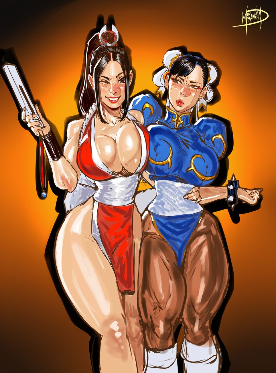 megaween, chun-li, shiranui mai, capcom, fatal fury, street fighter, commentary, english commentary, highres, 2girls, arm around waist, asymmetrical docking, black hair, blush, boots, bracelet, breast press, breasts, brown eyes, bun cover, chinese clothes, covered erect nipples, crossover, double bun, folded fan, folding fan, hair bun, hand fan, high ponytail, holding, holding fan, huge breasts, jewelry, knee boots, motoyui, multiple girls, pantyhose, pelvic curtain, ponytail, revealing clothes, smile, spiked bracelet, spikes, thick thighs, thighs, unaligned breasts, white boots, wide hips