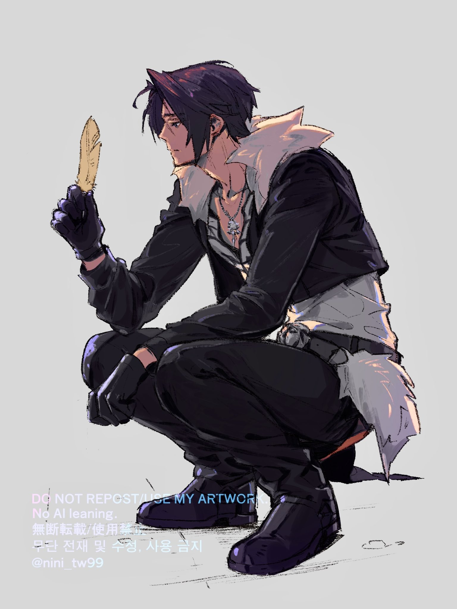 nini tw99, squall leonhart, final fantasy, final fantasy viii, silver necklace, commentary request, highres, 1boy, belt, black belt, black boots, black gloves, black jacket, black pants, boots, brown hair, closed mouth, cropped jacket, feathers, full body, fur-trimmed jacket, fur trim, gloves, grey background, holding, holding feather, jacket, jewelry, looking at object, necklace, pants, parted bangs, scar, scar on face, scar on forehead, shirt, short hair, solo, squatting, twitter username, white shirt
