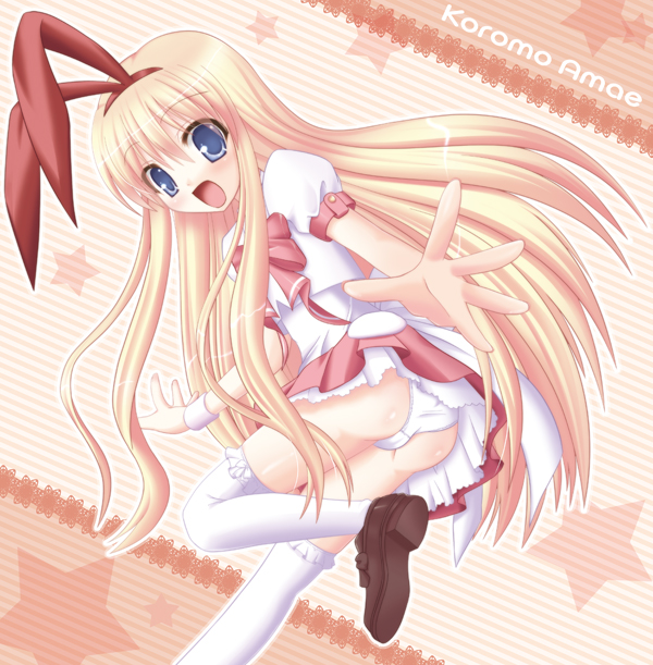 sakuraizumi yuu, amae koromo, saki (manga), bad id, bad pixiv id, 1girl, animal ears, blonde hair, blue eyes, female focus, flat chest, hairband, loli, long hair, looking back, panties, rabbit ears, ribbon, solo, thighhighs, underwear