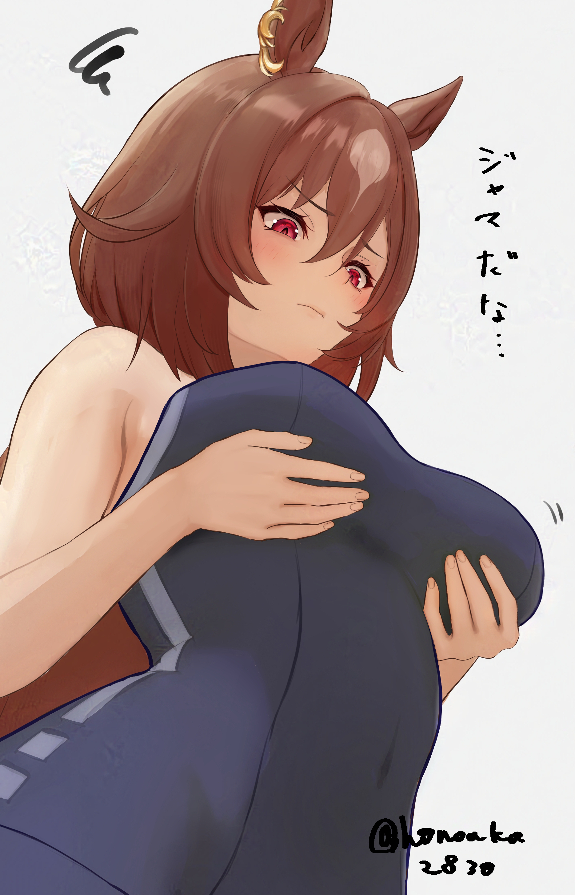 honoaka, sirius symboli (umamusume), umamusume, absurdres, commentary, highres, translation request, 1girl, animal ears, artist name, blue one-piece swimsuit, blush, breasts, brown hair, closed mouth, from below, grabbing own breast, hair between eyes, horse ears, horse girl, large breasts, long hair, multicolored hair, one-piece swimsuit, red eyes, school swimsuit, simple background, solo, streaked hair, swimsuit, tracen swimsuit, white background, white streaks