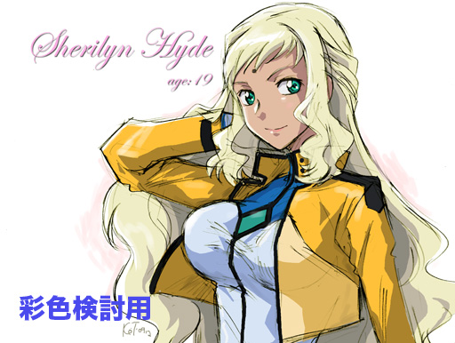 kouichi tokita, sherilyn hyde, gundam, gundam 00, gundam 00i, uniform, 00s, 1girl, adjusting hair, aged up, blonde hair, breasts, crop top, facial mark, female focus, forehead mark, green eyes, jacket, large breasts, lipstick, makeup, open clothes, open jacket, shiny clothes, signature, sketch, smile, solo, text focus, upper body, wavy hair