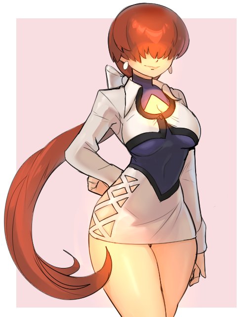aesland3, shermie (kof), the king of fighters, 1girl, breasts, cleavage, cleavage cutout, clothing cutout, dress, female focus, huge breasts, jacket, large breasts, long sleeves, pale skin, ponytail, red hair, skirt, standing, thick thighs, thighs, wide hips