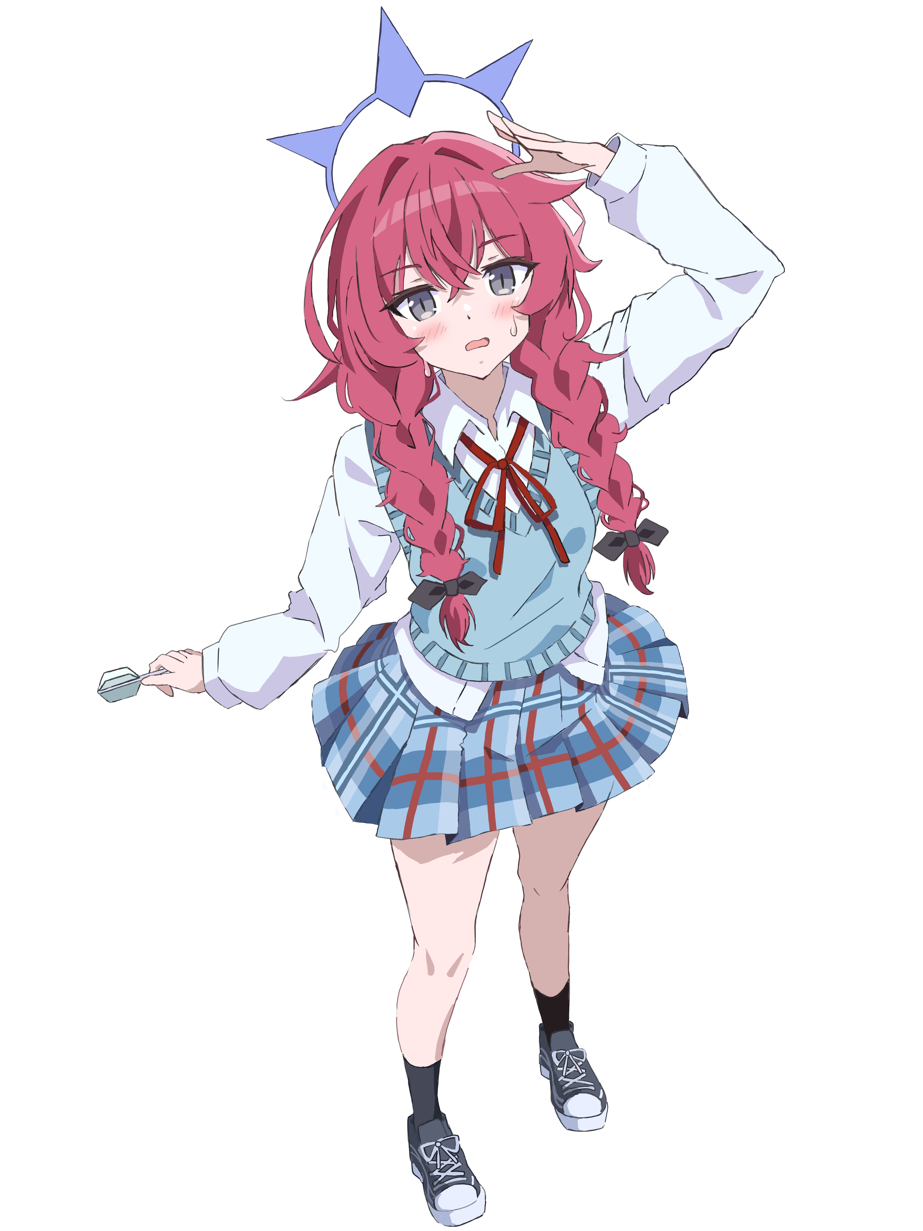 amanotti 01, iroha (blue archive), blue archive, absurdres, commentary request, highres, anime coloring, black socks, grey eyes, hair between eyes, halo, low ponytail, low twintails, ponytail, purple halo, red hair, shirt, simple background, skirt, socks, thigh focus, thighs, twintails, white background, white shirt