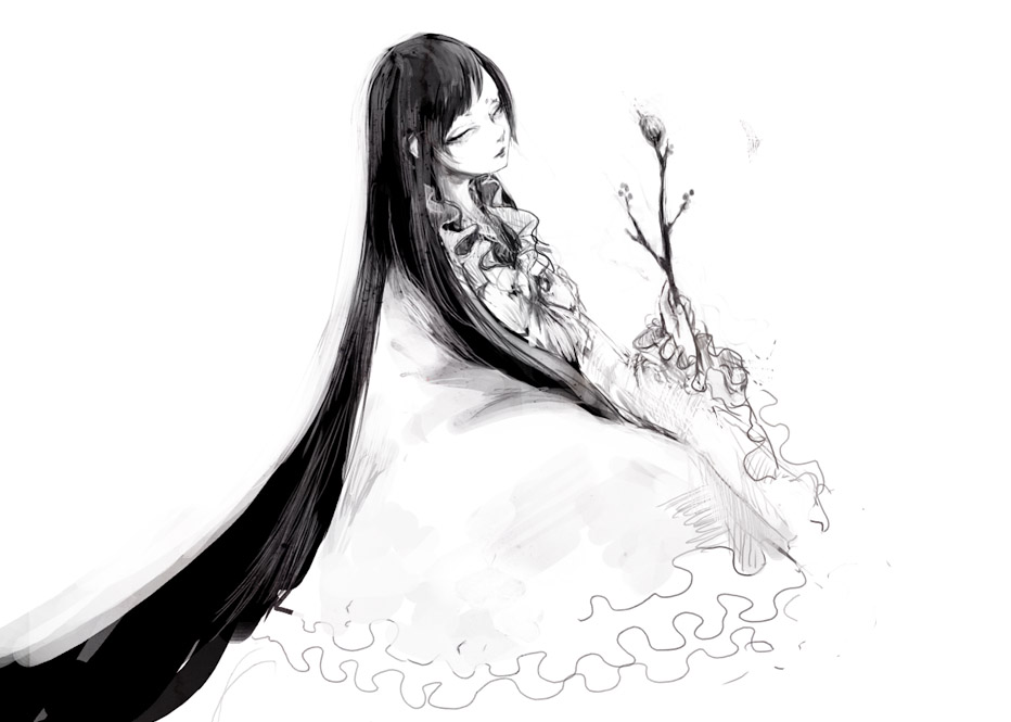neiko, houraisan kaguya, touhou, 1girl, branch, closed eyes, female focus, greyscale, jeweled branch of hourai, monochrome, sketch, solo