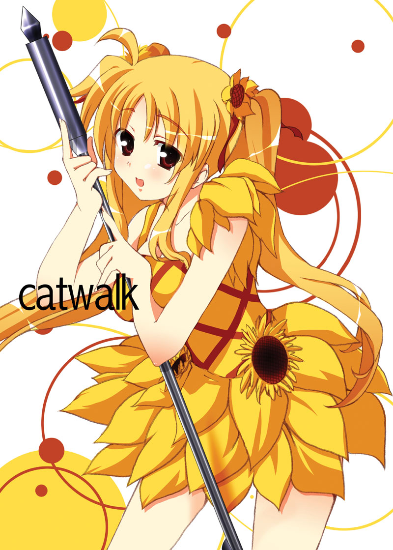 iga tamaki, bardiche (nanoha), fate testarossa, mizuki nana, lyrical nanoha, mahou shoujo lyrical nanoha, mahou shoujo lyrical nanoha strikers, 00s, blonde hair, dress, flower, hair flower, hair ornament, hair ribbon, long hair, red eyes, ribbon, solo, sunflower, twintails, voice actor connection