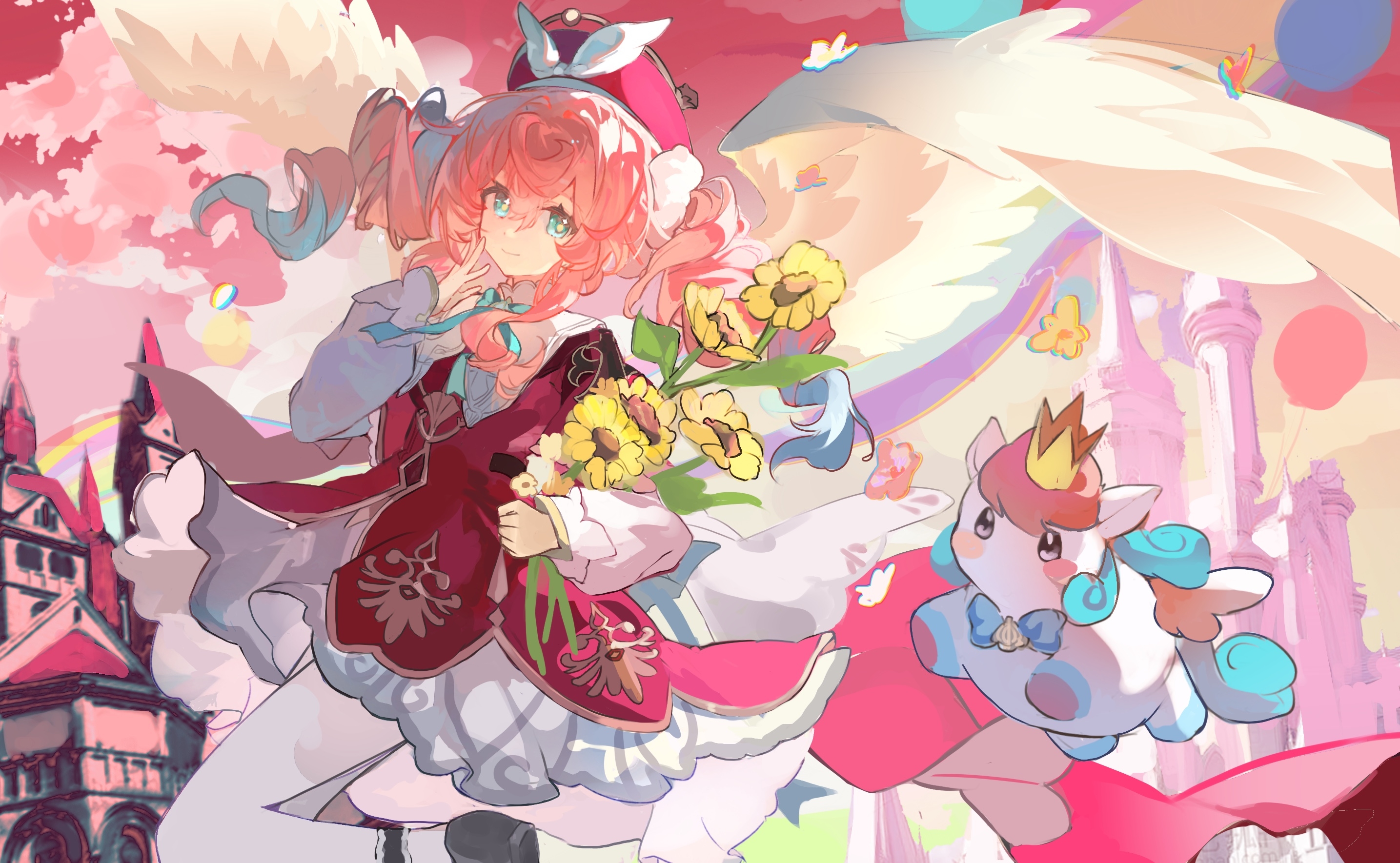 hutao yingying, hyacine (honkai: star rail), little ica (honkai: star rail), honkai: star rail, honkai (series), chinese commentary, commentary request, highres, 1girl, aqua eyes, balloon, beret, black shoes, blue bow, blue bowtie, blue hair, blue ribbon, blush stickers, bow, bowtie, castle, closed mouth, collared dress, crown, dress, drill hair, flower, foot out of frame, gold crown, gradient hair, hair between eyes, hair ornament, hair scrunchie, hand up, hat, hat bow, heart, holding, holding flower, layered dress, leg up, long hair, long sleeves, looking at viewer, memosprite, multicolored hair, neck ribbon, pantyhose, pegasus, pink hair, pink sky, print dress, puffy long sleeves, puffy sleeves, rainbow, red dress, red hat, ribbon, scrunchie, shoes, short dress, sidelocks, sky, smile, sparkling eyes, sunflower, twin drills, twintails, two-tone dress, two-tone hair, white dress, white pantyhose, white scrunchie, wings